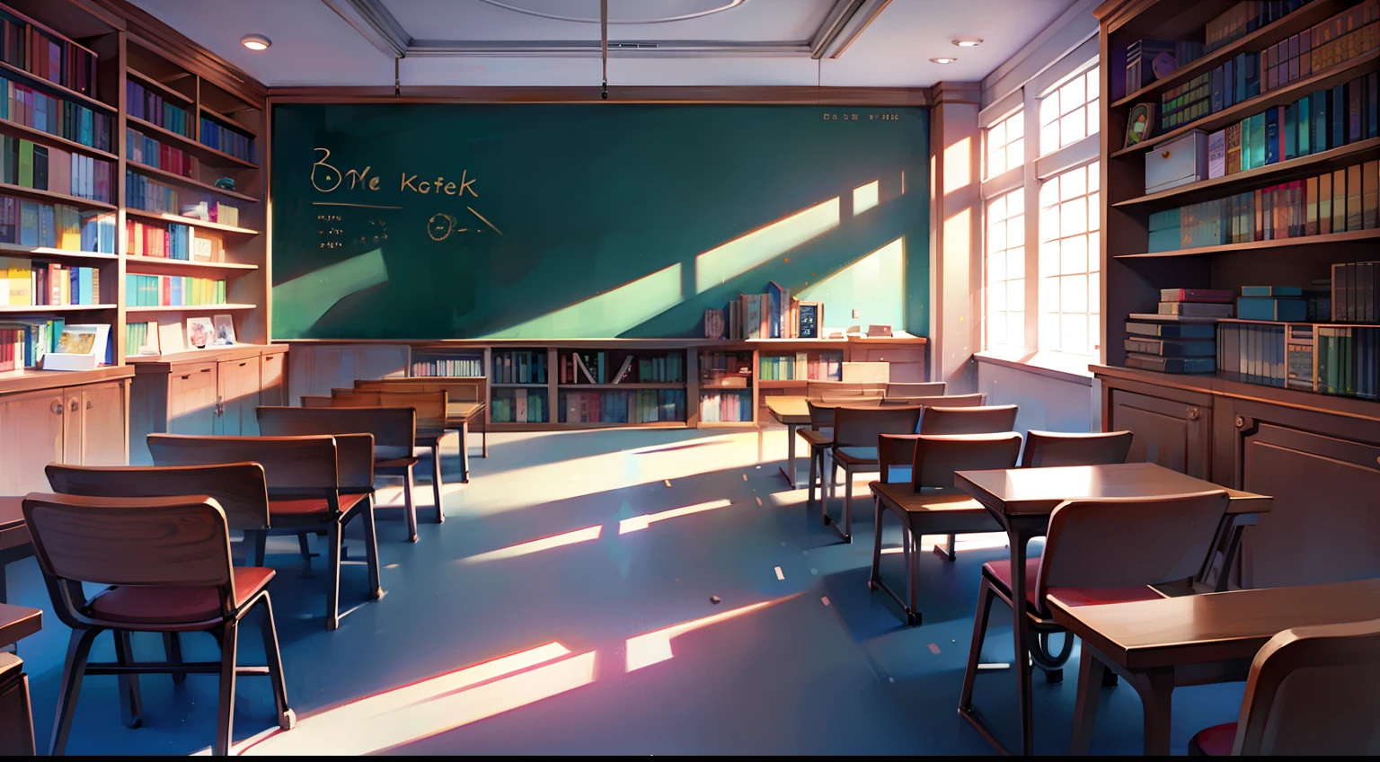 White desks, modern, huge blackboards, huge classrooms, bookshelf, books, daytime, no one