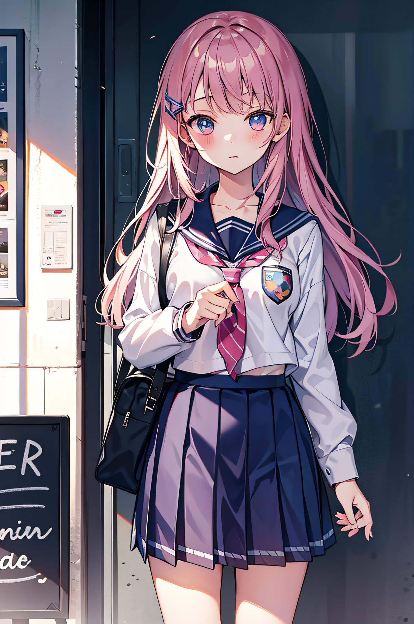 1 girl, split lips, blush, makeup, Light smile, School uniform, classroom, school backpack, rays of light, shine, Thighs, clavicle, narrow waist, (master piece), wallpaper,