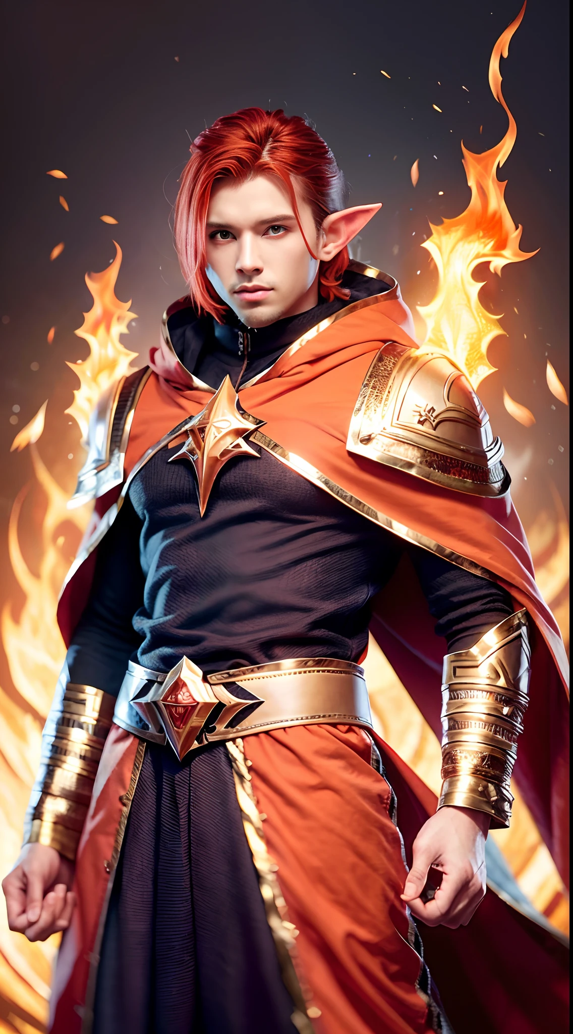 A male High Elf mage,orange color hair,Manipulates orange-red flame magic,Cloak,Handsome and resolute,Highest image quality