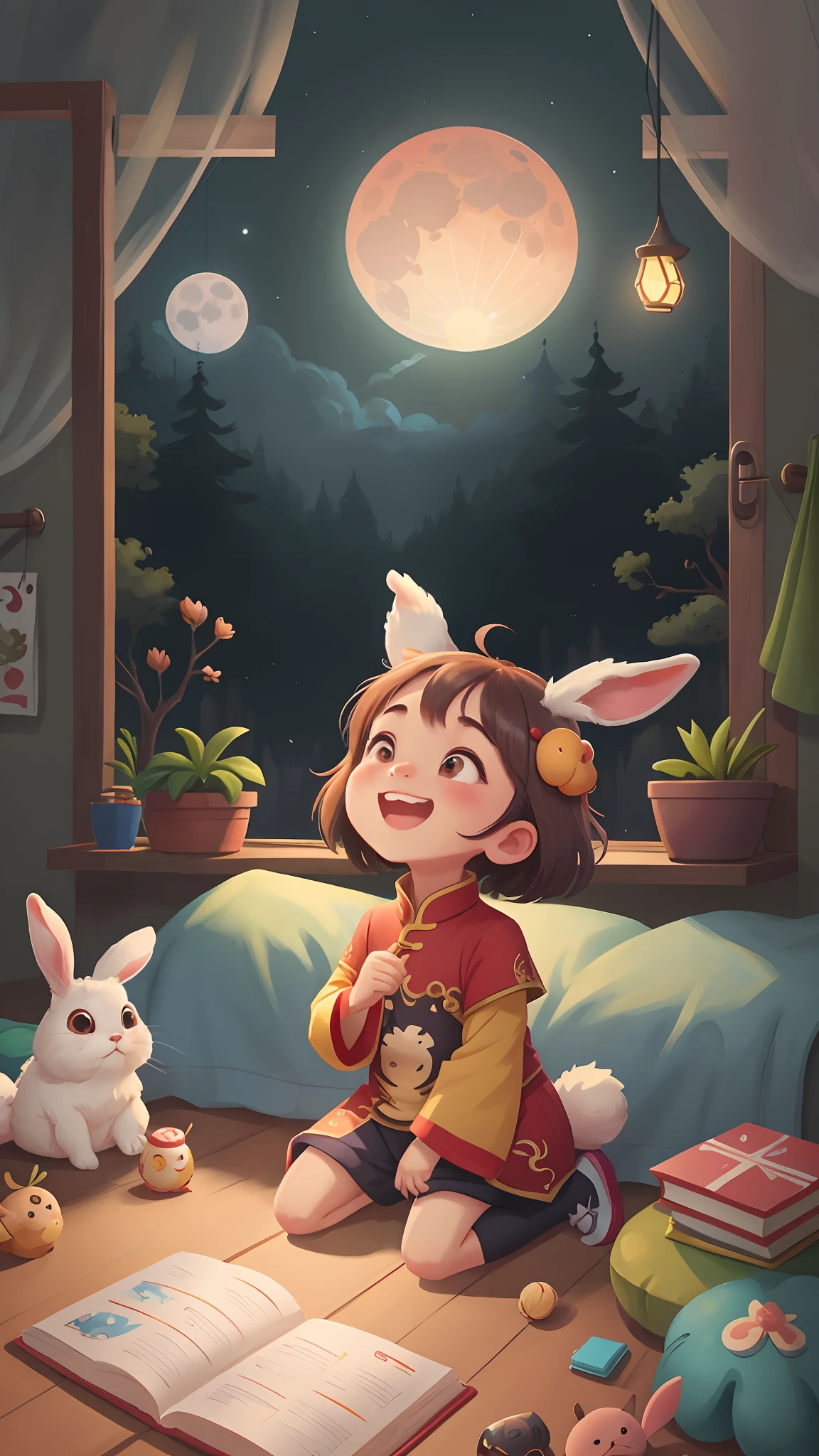 Mid-Autumn Festival scene,Li Bai looked up at the moon through the window in the house,The rabbit lay on the side of the bed,There is Kong Ming in the sky,Childrenswear outfit,The picture is simple,cheerfulness,Rejoice,(Bokeh) (8K) (Sharp focus),(having fun),Mobile game art, Game illustration, Mobile game assets, mobile game style, Stylized game art, Mobile game background, 2D mask illustration, 2 d illustration, 2D illustration, flatillustration, 8 K cartoon illustration, mobile game, Official illustration