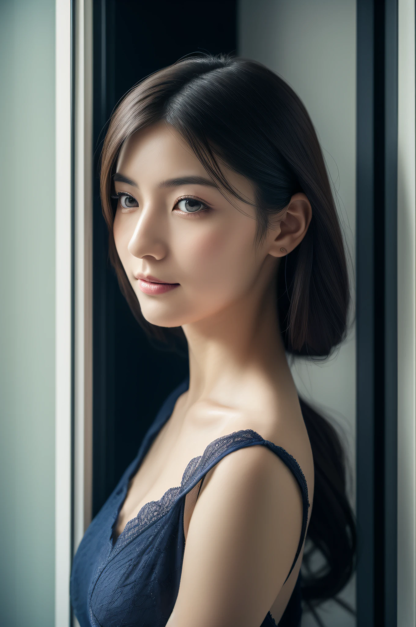 Japan woman, goddess, perfect body, shiny skin, shiny lips, upper body, ball hair, fine skin texture and cloth texture, detailed eye texture, detailed eyeballs, long eyelashes, fine eyelashes close-up, double eyelids, light smile, photo mode, eyes looking out the window, 8K, best image quality, masterpiece, super high resolution: 1.2, beautiful woman pictures with elegant style theme, Alapei woman in dark blue dress, looking out the window, photo mode, chiffon fabric, detailed fabric texture, slip dress, fluent dress, elegant navy blue dress, elegant dress, upper body view, wearing dress, (side) silhouette, elegant dress, wearing dress, back figure, tight fit