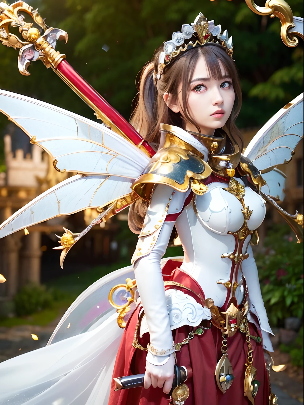 (masutepiece), Professional , masterpiece、top-quality、photos realistic , depth of fields (Gemstone Silver Metal Body:1.9),(Matte White、Jewel Gold Weapon、(Gorgeous castle background)、(ultimate beauty girl)、(Fairy wings grow on her back)、(Jewel Metal Body:1.9),Gorgeous Jewel Metal Weapons , Detailed Sword of the Brave ,( Tears from the eyes) ,warhammer 40k , adepta sororitas,Detail and ornate jewel crown、独奏、Brown hair、(Gangle's forest background)、Beautiful Caucasian beauty、1a person、dynamic ungle,(((Diamond tiara with detail and luxury)))、a small face、Powerful poses、(Gorgeous castle background)、huge filesize、20 year old beautiful woman、Stand in the center of the screen、Thin female fingers、Straight long hair、Beautiful Caucasian beauty、