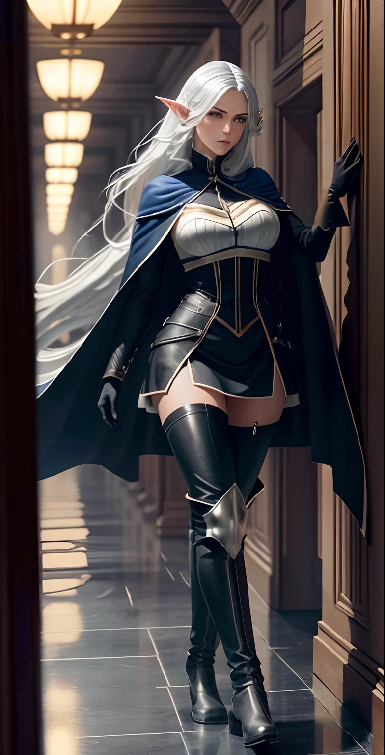 full body portrait of beautiful 1girl, solo, elf ((milf)), (very long) silver hair, tied in a knot, dark blue uniform, black knee-high simple riding leather boots, leggings, Anime style photo, Manga style, Digital art, glow effects, Hand drawn, render, 8k, octane render, cinema 4d, blender, dark, atmospheric 4k ultra detailed, cinematic sensual, Sharp focus, hyperrealistic, big depth of field, Masterpiece, colors, 3d octane render, 4k, concept art, trending on artstation, hyperrealistic, Vivid colors, ((((looking right)))), huge breasts, palace corridor, black gloves:1.2, double-breasted, (looking at viewer), (seductive:0.8),(smile:0.3)(evil:0.9), (smirk:0.6)(from below:0.4), long coat, cape