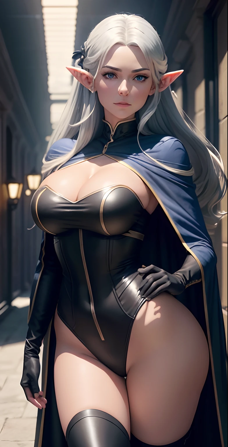full body portrait of beautiful 1girl, solo, elf ((milf)), (very long) silver hair, tied in a knot, dark blue uniform, black knee-high simple riding leather boots, leggings, Anime style photo, Manga style, Digital art, glow effects, Hand drawn, render, 8k, octane render, cinema 4d, blender, dark, atmospheric 4k ultra detailed, cinematic sensual, Sharp focus, hyperrealistic, big depth of field, Masterpiece, colors, 3d octane render, 4k, concept art, trending on artstation, hyperrealistic, Vivid colors, ((((looking right)))), huge breasts, palace corridor, black gloves:1.2, double-breasted, (looking at viewer), (seductive:0.8),(smile:0.3)(evil:0.9), (smirk:0.6)(from below:0.4), long coat, cape