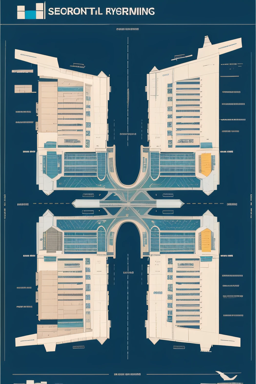 Schematic diagram with a large number of signs,airport, Level B2 Terminal,Diagram,layout of map,full-figure,aerodrome,no surroundings