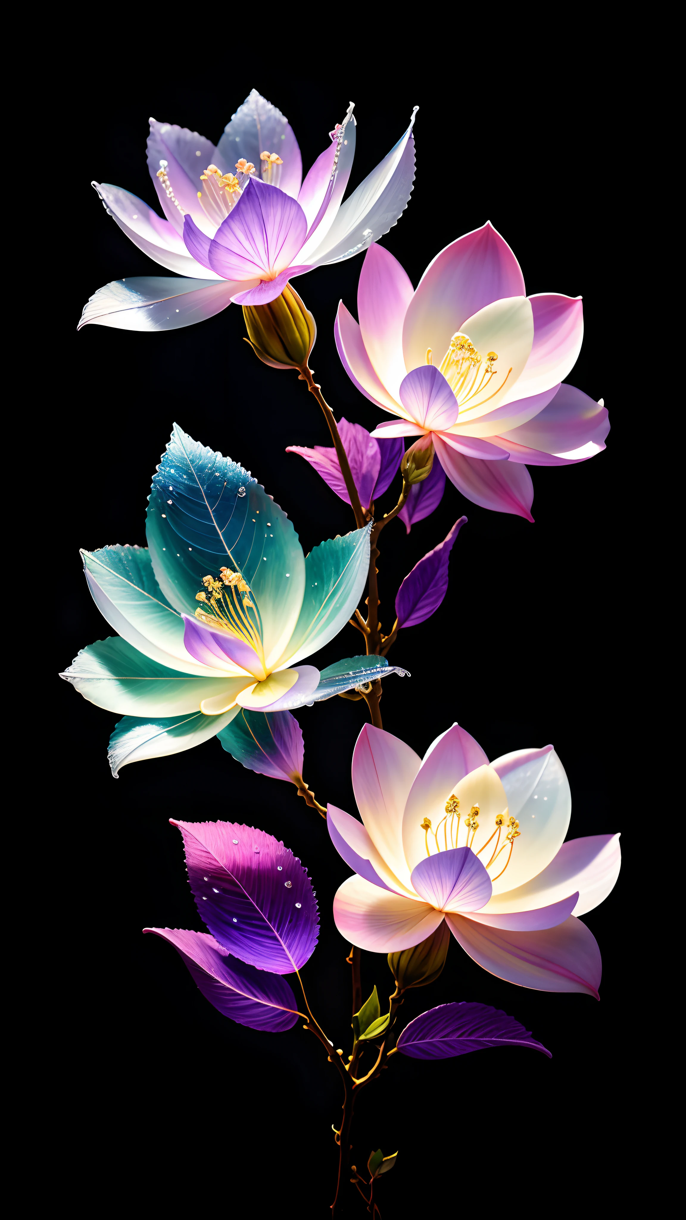 branch of delicate lilac flowers, super transparent, holy light, beautiful spectral light, petals glow, flashing, dark background, drops of transparent light, reflective light, bright, light streaming in, optics, portrait profile, sharp focus, magical, intricate, ultra realistic, fantasy, composition, light, trend on artstation, pearl, patronus cloud of silvery vapor, corrosive enveloping ray family, 8k, ureal ar 23v4 uplight