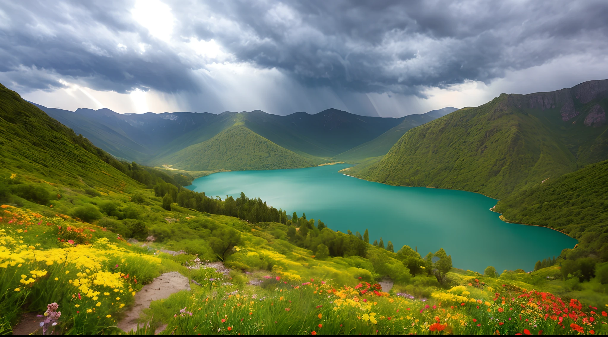 magical,  landscape, mysterious, luminous, dreary, complex, bloom, dreary. expansive, Magnificent, god rays, storm, lightning, mountains, valley, boulders, trees, flowers, lake