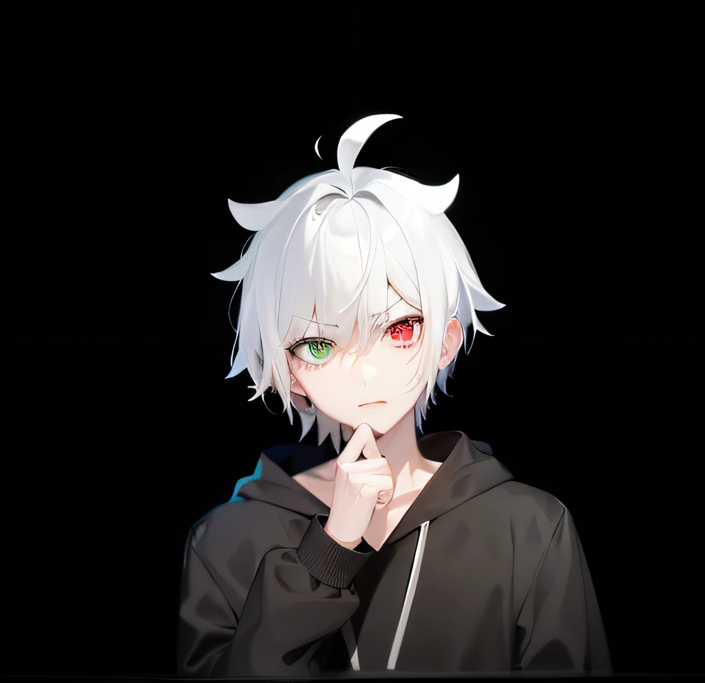 White background,Anime boy with white hair and black hoodie, he had,Silver hair,Heterochromic pupils,white haired Cangcang, scowling,2 d anime style, live2d virtual youtuber model, made with anime painter studio, White-haired god, kaworu nagisa, Detailed anime soft face, young anime man, Male anime style, anime style character,