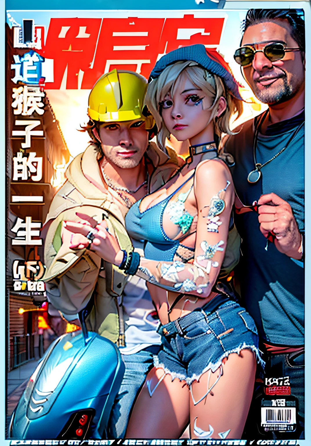 (One leans against a Weiss motorcycle wearing a bikini top，Woman in denim shorts，Hold a hard hat)，(and a man wearing a beanie and a jacket),(A lewd man on the back wears a necklace)， an oppai cyberpunk, extra detailed, comic cover, fantrome, , extra detail, , cover manga, , (sfv) safe to work,