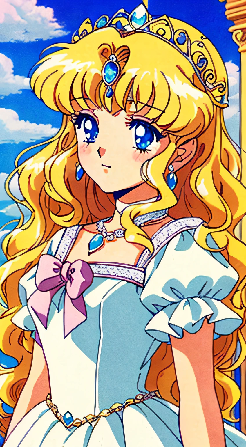 1 Princess，Thick blonde curls，(Gorgeous white dress、tiara crown、jewelry)，pretty eyes，Blush，pastelcolor，Retro anime，1990s anime，tmasterpiece，Best quality