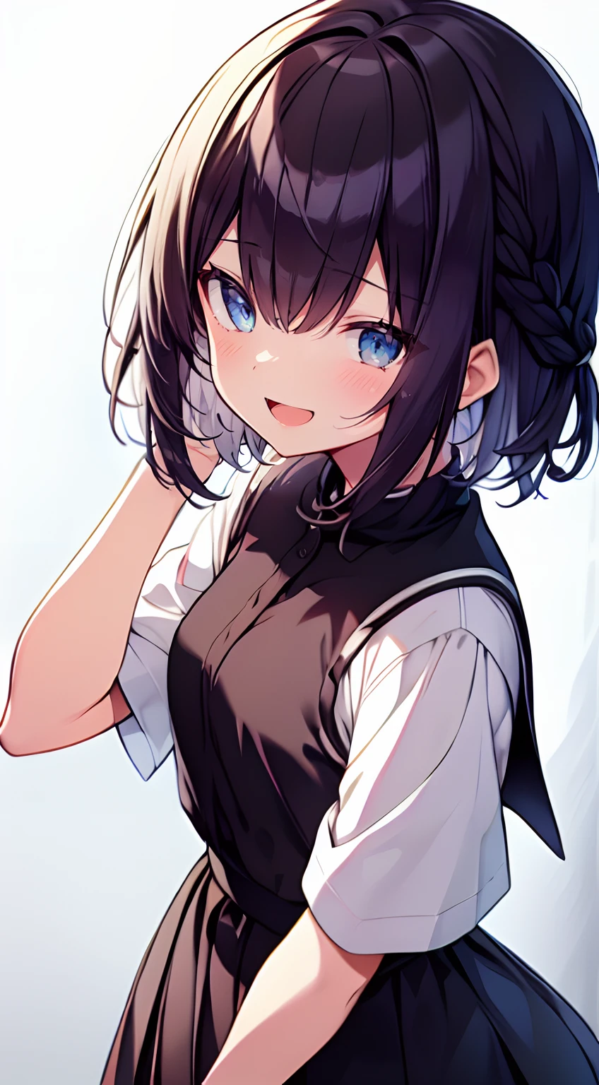 masutepiece, Best Quality,Illustration, Wallpaper, Ultra Detail, 1girl in,Solo,Beautiful detailed eyes,Very thick contour lines、Medium Short-Cut Hair、Short, Braided hair、skirt by the、(student clothes)、Dark hair color、Open mouth and big smile、Kamimei、Angle from which you can see the whole body、Overlooking angle:1.2、small head、ample