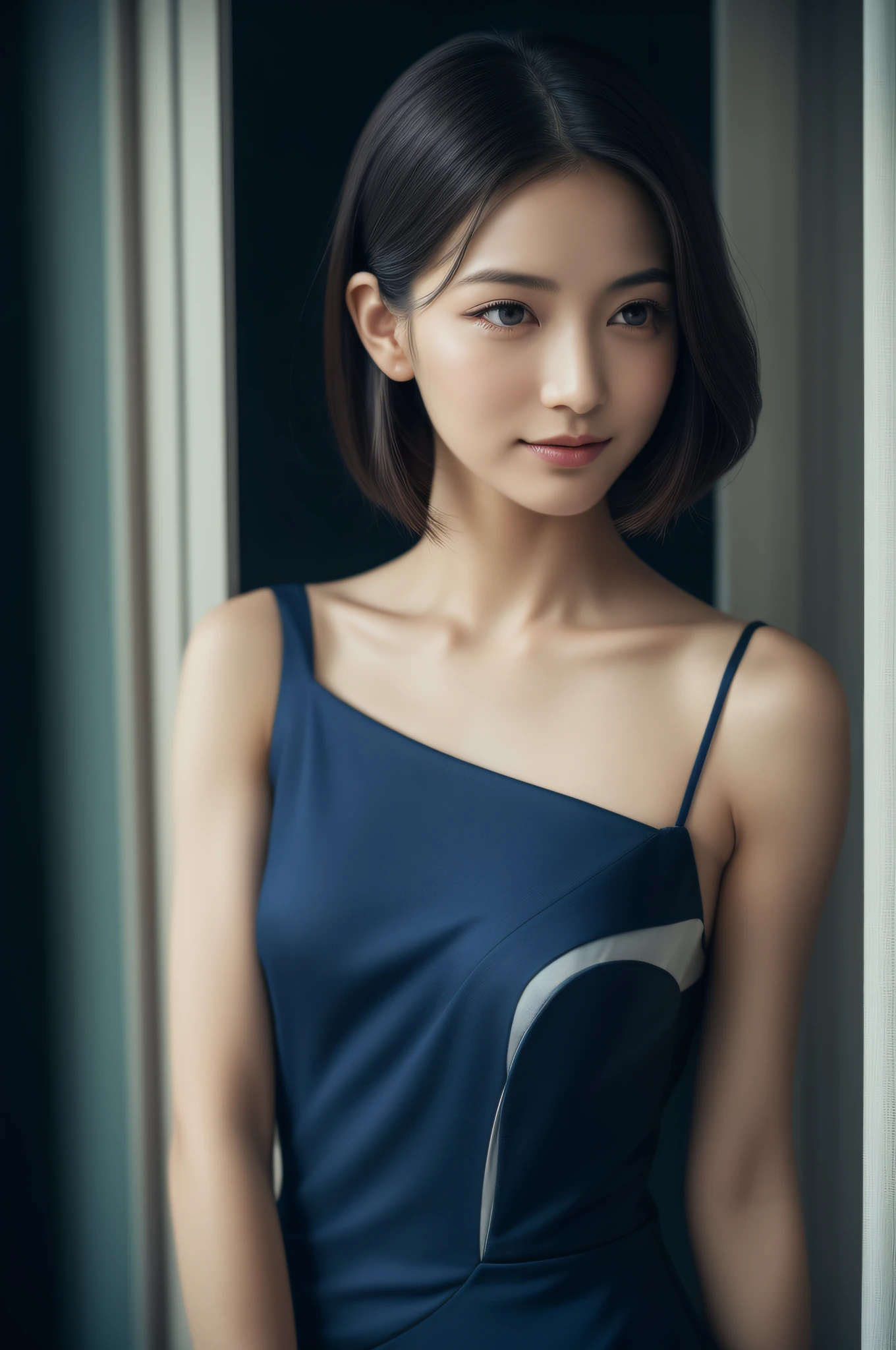 Japan woman, goddess, perfect body, shiny skin, shiny lips, upper body, ball hair, fine skin texture and cloth texture, detailed eye texture, detailed eyeballs, long eyelashes, fine eyelashes close-up, double eyelids, light smile, photo mode, eyes looking out the window, 8K, best image quality, masterpiece, super high resolution: 1.2, beautiful woman pictures with elegant style theme, Alapei woman in dark blue dress, looking out the window, photo mode, chiffon fabric, detailed fabric texture, slip dress, fluent dress, elegant navy blue dress, elegant dress, upper body view, wearing dress, (side) silhouette, elegant dress, wearing dress, back figure, tight fit