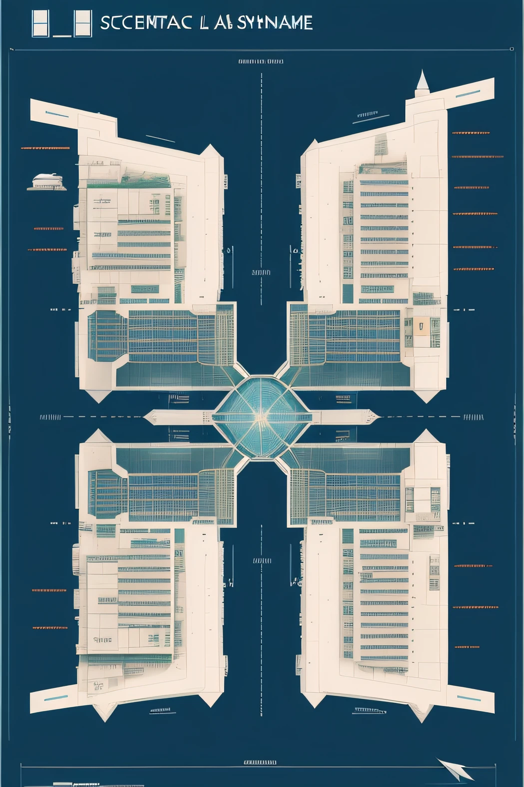 Schematic diagram of a large building with many windows, symmetrical outpost, Symmetrical. Sci-Fi - Fi, Symmetrical!! Sci-fi, in a sci-fi shipping port, in blueprint form, cinematic architectural scale, symmetrical layout, Symmetrical digital illustration, symetry!! concept-art, blueprint schematics, Utopian architecture, futuritic architecture, Epic megastructures