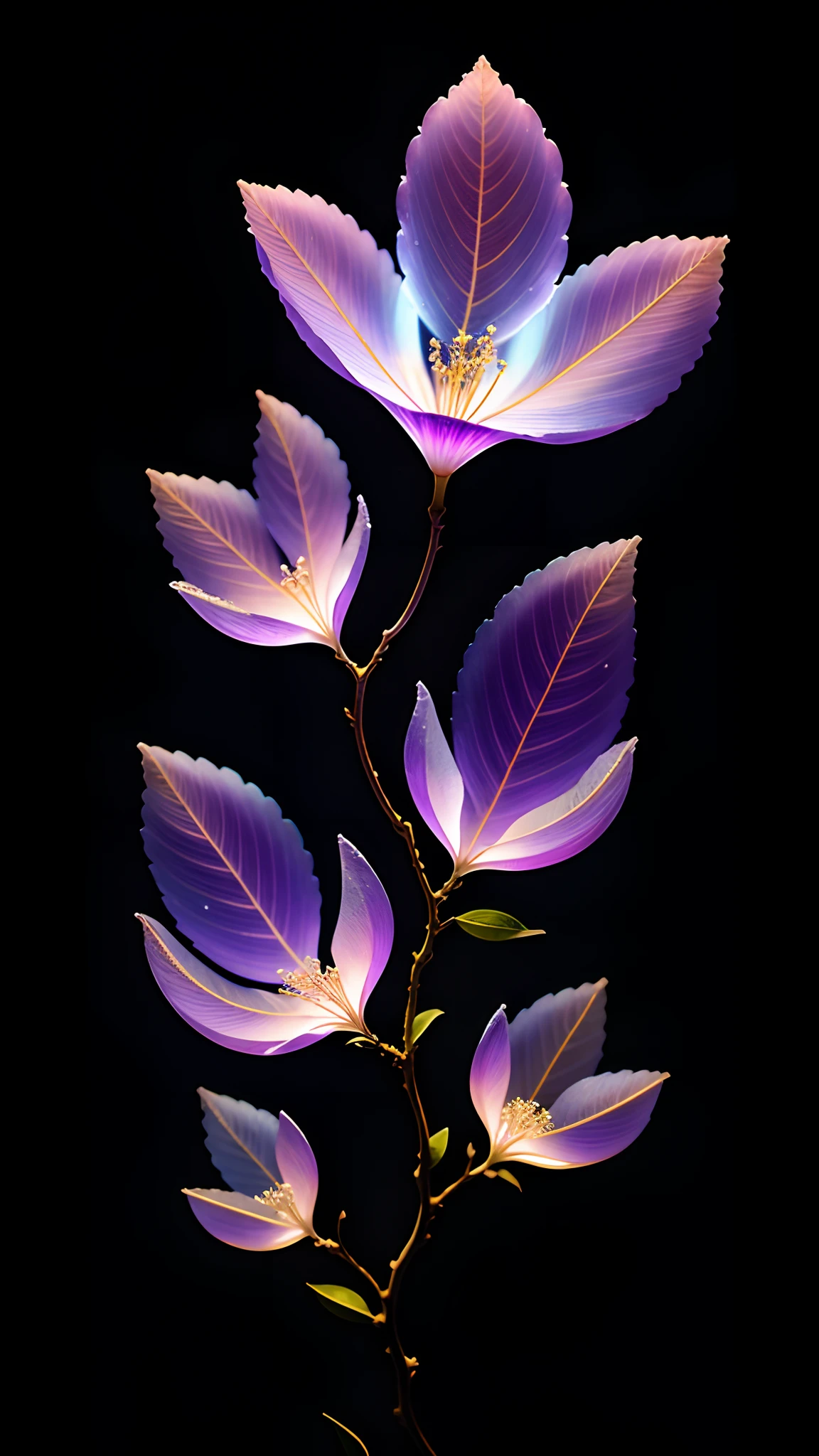 branch of delicate lilac flowers, super transparent, holy light, beautiful spectral light, petals glow, flashing, dark background, drops of transparent light, reflective light, bright, light streaming in, optics, portrait profile, sharp focus, magical, intricate, ultra realistic, fantasy, composition, light, trend on artstation, pearl, patronus cloud of silvery vapor, corrosive enveloping ray family, 8k, ureal ar 23v4 uplight