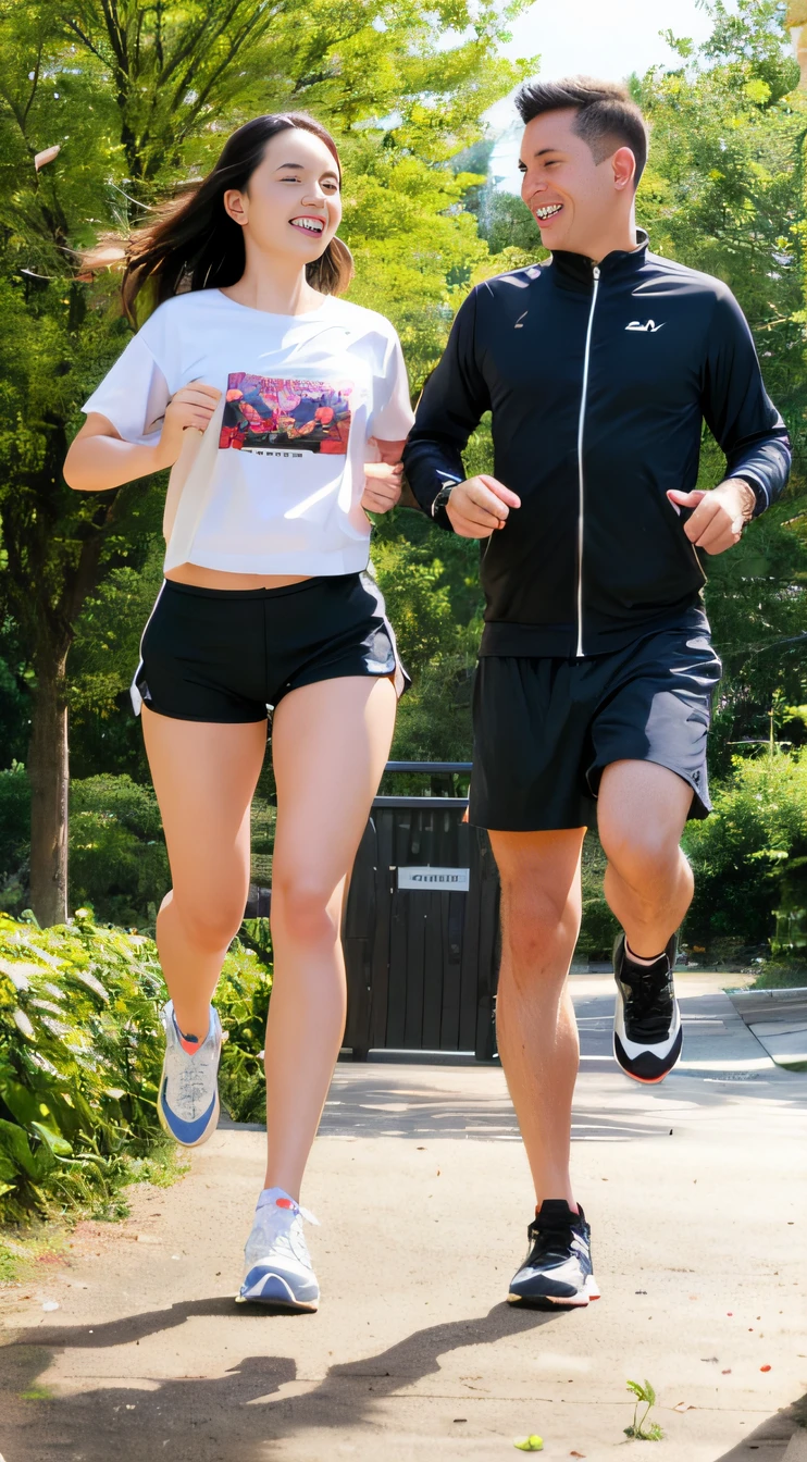 A couple running,Wear sneakers,the Sun Shining,Surrounded by flowers and plants,The two had smiles on their faces
