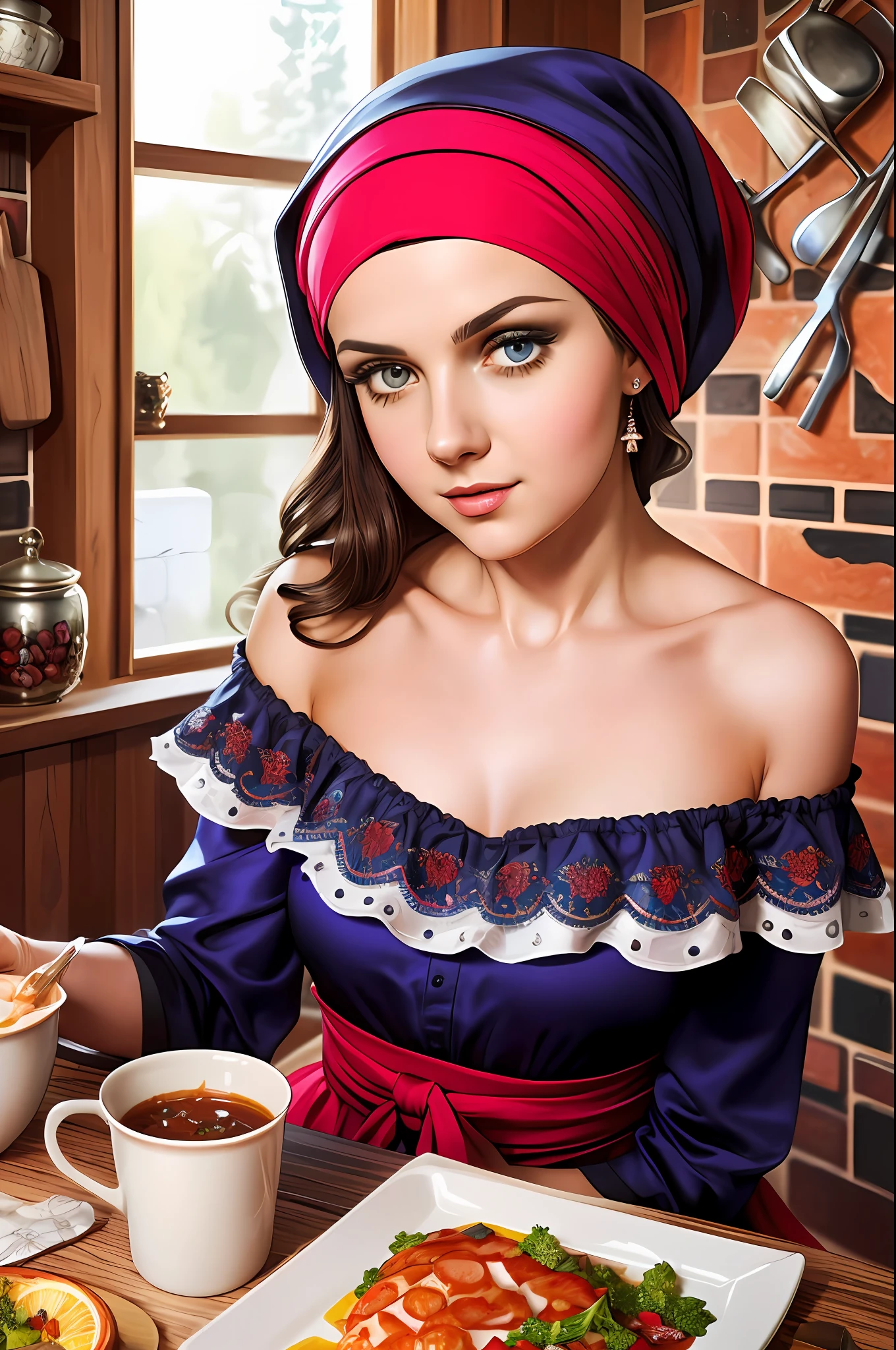 ((Best Quality, tmasterpiece)), young Alenka, in a headscarf, Russian paraphernalia, off-shoulder, very colorful, Best Improvisation, ((Michael's Kitchen Style)), sensitivity, Detailed Illustration, grotesque, Complicated details, chilling, (aesthetics), Hyper-realistic, insanely detailed,