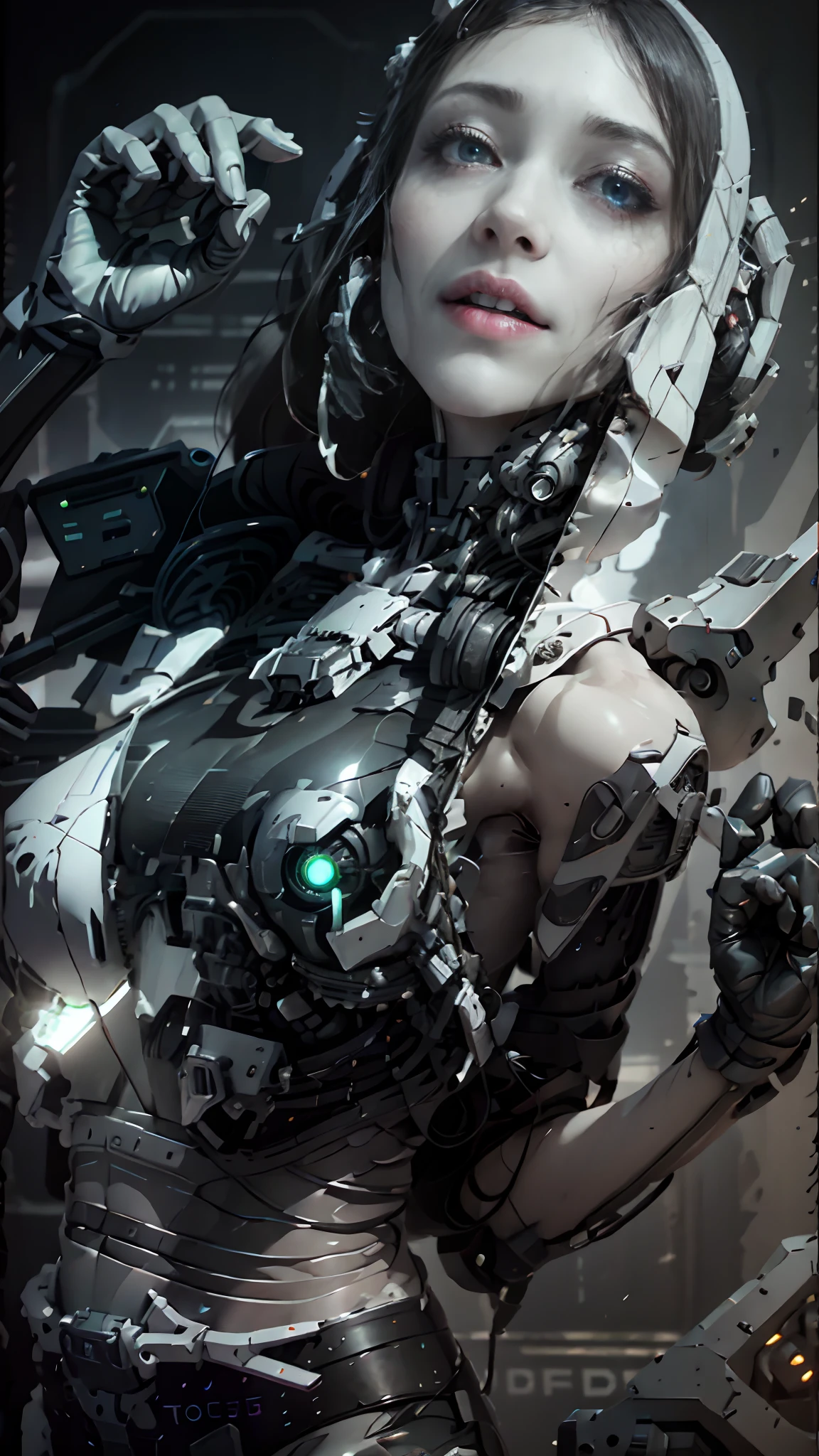 (8k, RAW photo, best quality, masterpiece:1.2), (realistic, photo-realistic:1.4), ultra-detailed, (Kpop idol),perfect detail , looking at viewer,make up, Jessica Marie Alba,
huge breast, cleavage, 
Anime girl with gun in hand，The background is a machine, cyberpunk anime girls mecha, anime mecha aesthetic, mechanized valkyrie, Robot - Girl with Silver Hair, robot-girl, Robot - girl, anime cyberpunk art, digital cyberpunk anime art, anime robotic mixed with organic, author：shirow masamune, Robot businessman girl, cyberpunk anime girl