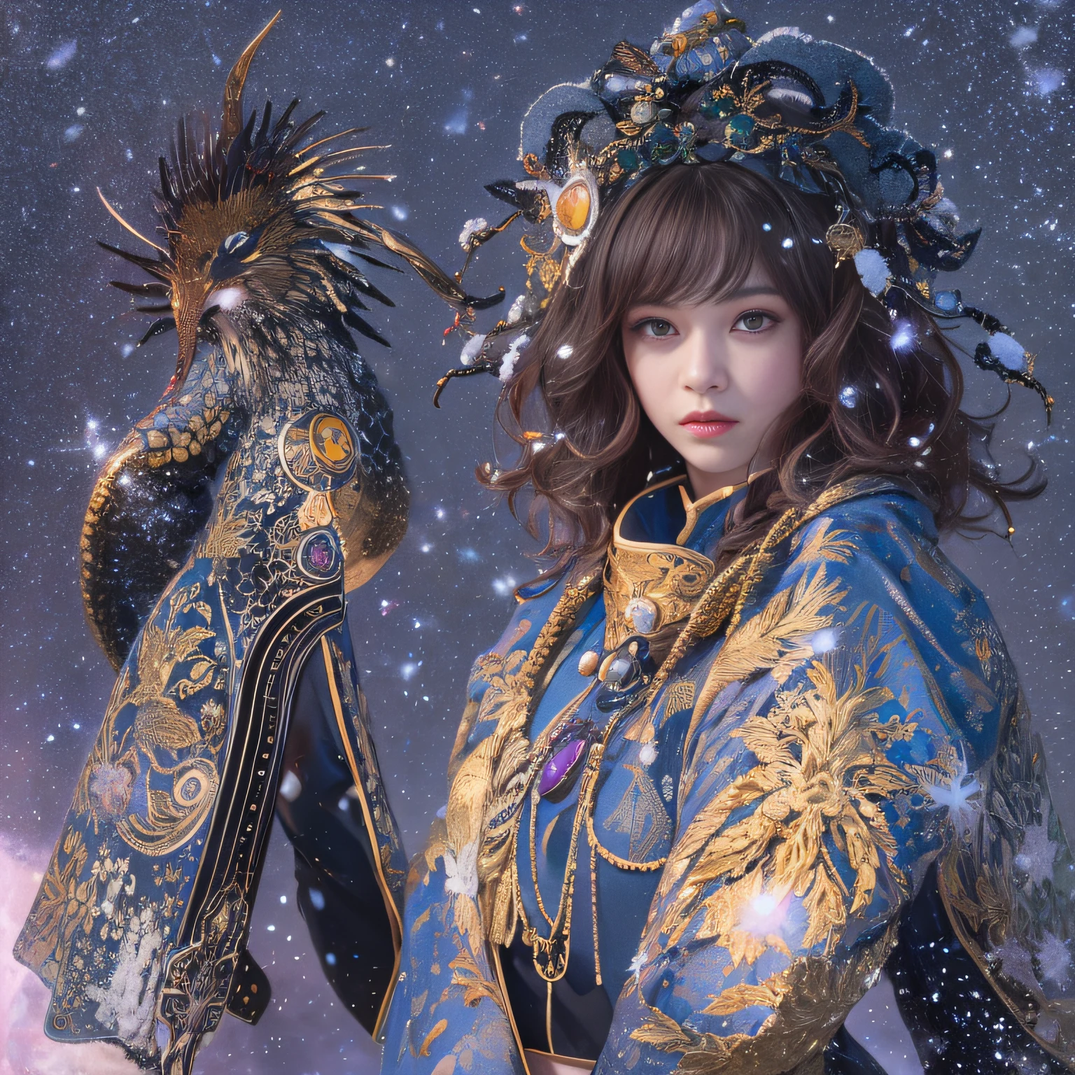 32K,（tmasterpiece，k hd，hyper HD，16k）short detailed hair，Vintage train sleeper area，Snow Circle Witch ，Two Golden Dragon Protectors （realisticlying：1.4），Python robe，Purple apron，Snowflakes fluttering，The background is pure， A high resolution， the detail， RAW photogr， Sharp Re， Nikon D850 Film Stock Photo by Jefferies Lee 4 Kodak Portra 400 Camera F1.6 shots, Rich colors, ultra-realistic vivid textures, Dramatic lighting, Unreal Engine Art Station Trend, cinestir 800，