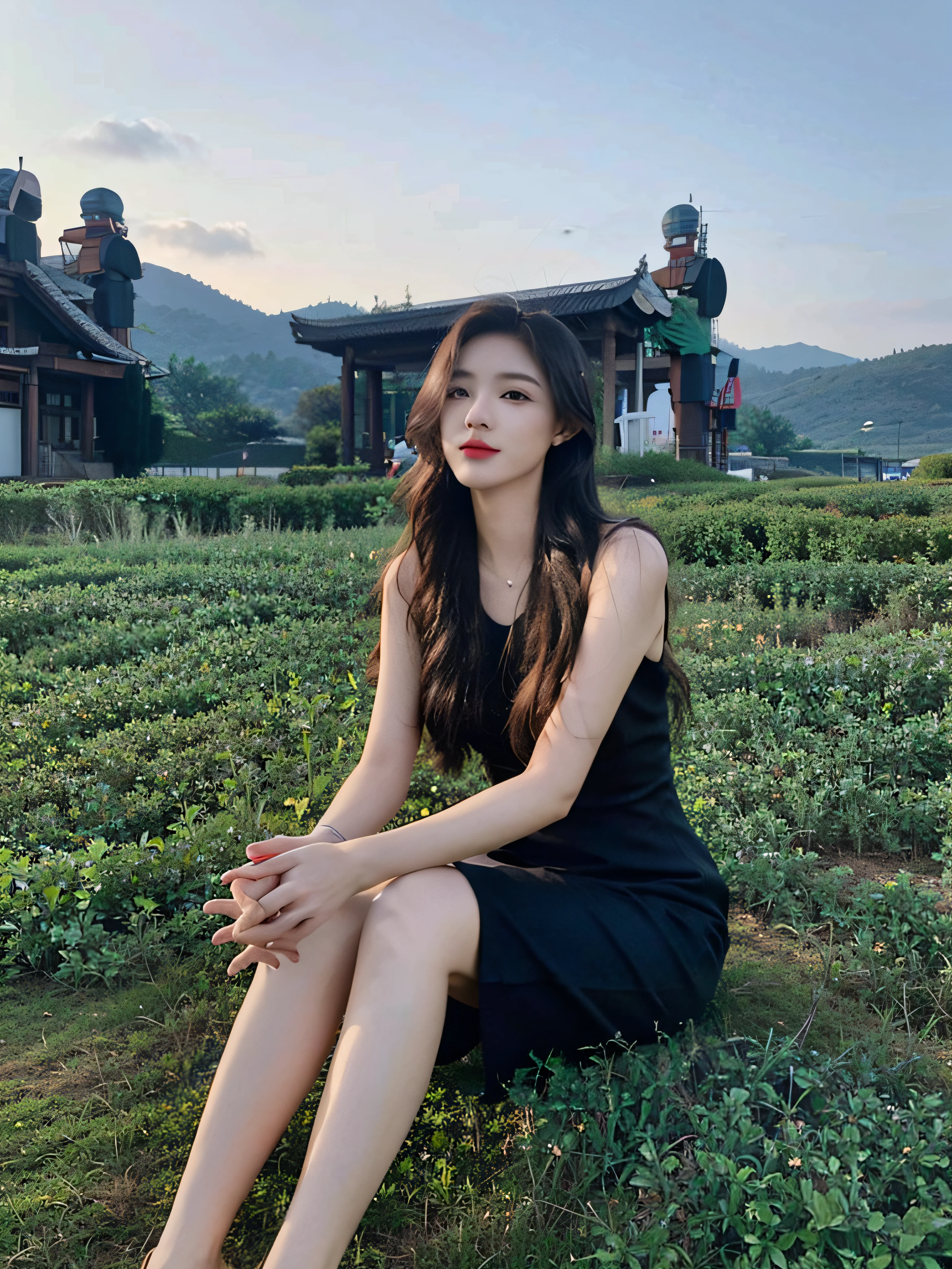 Alafi sits on the grass in a black dress，Legs crossed, nivanh chanthara, dilraba dilmurat, mai anh tran, very low quality, Anime Thai girl, With long hair, imagem de qualidade alta, personal profile picture, dang my linh, A young Asian woman, Fanart, Asian girl with long hair, xintong chen，（Open-mouthed，teeth）