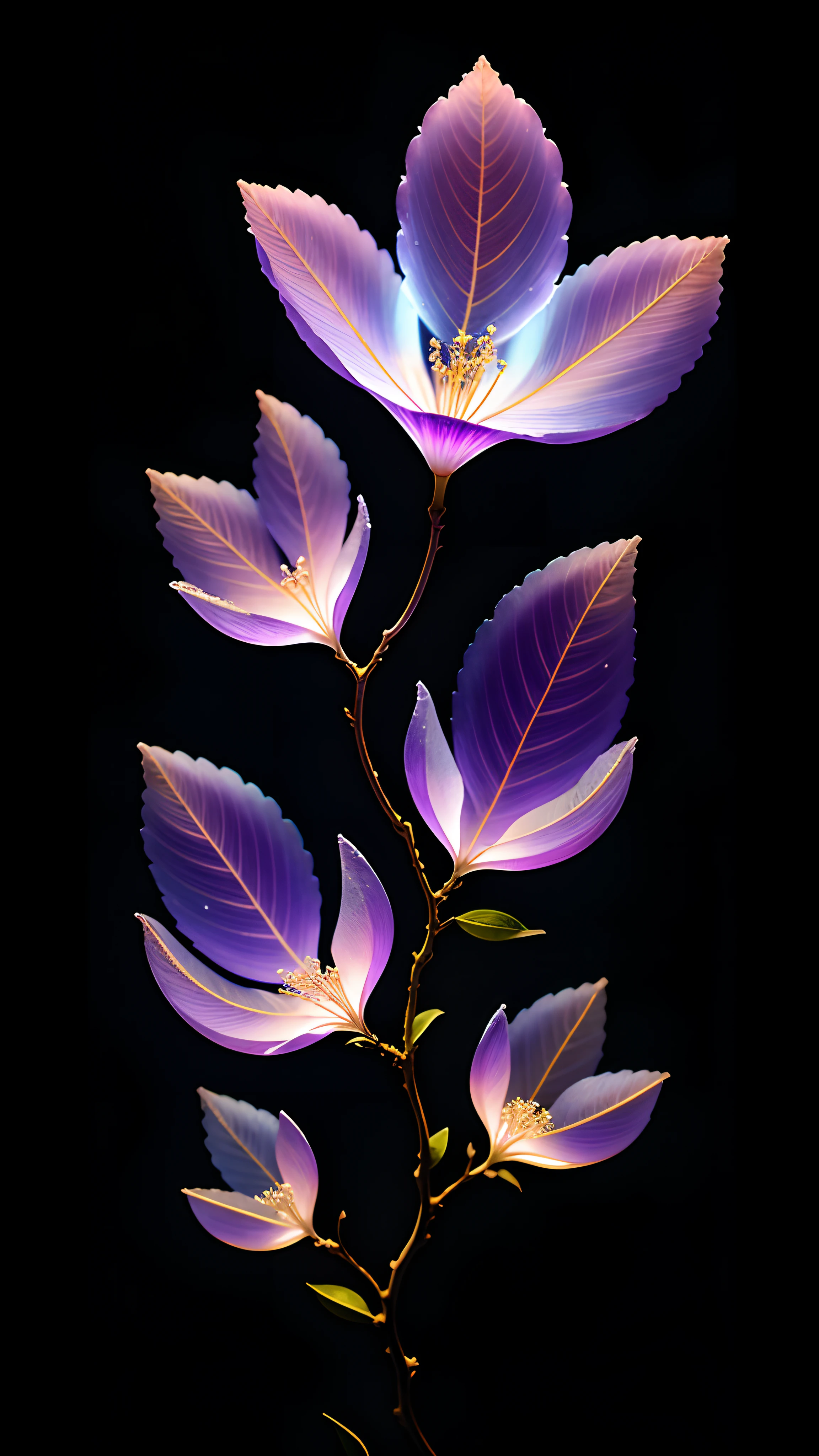 branch of delicate lilac flowers, super transparent, holy light, beautiful spectral light, petals glow, flashing, dark background, drops of transparent light, reflective light, bright, light streaming in, optics, portrait profile, sharp focus, magical, intricate, ultra realistic, fantasy, composition, light, trend on artstation, pearl, patronus cloud of silvery vapor, corrosive enveloping ray family, 8k, ureal ar 23v4 uplight