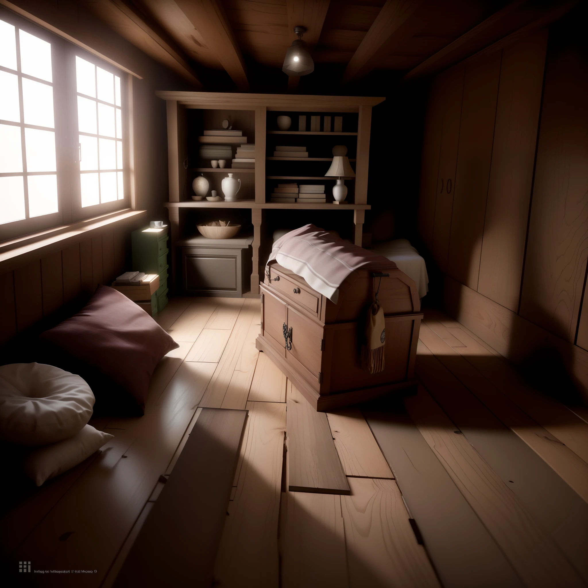 There is a log sitting on a wooden floor in a room, em uma casa antiga. hyper realistic, quarto fotorrealista, in an attic, renderizado no Unreal Engine 3, renderizado em v-ray, renderizado em unreal engine 3d, Renderizado em 3 dsmax, renderizado em vray, interior de madeira, renderizado em Unreal Engine", renderizado em corona