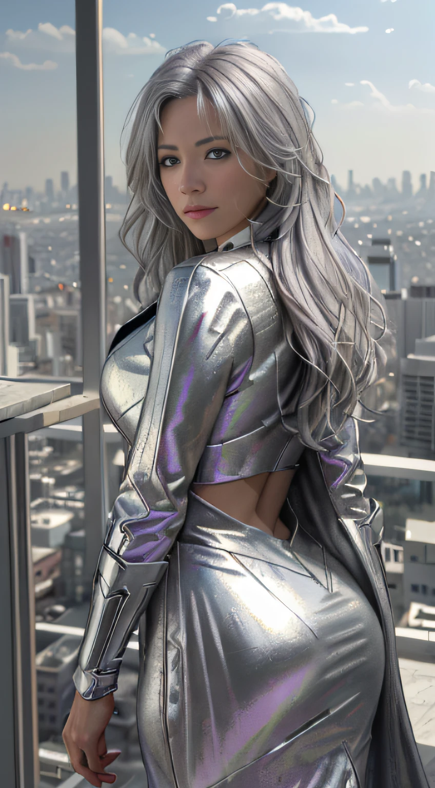 ((Realistic lighting, Best quality, 8K, Masterpiece: 1.3)), Clear focus: 1.2, view over city, Old superhero,Kind eyes,Long, messy gray hair,Like a bum.