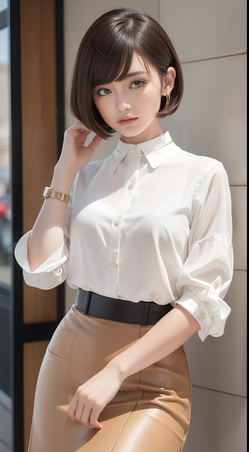 A cover of a business-oriented fashion magazine for the girlish style, featuring a model with side-swept bangs and a short bob hairstyle in ash brown. She's wearing a pastel-colored silk blouse with a Peter Pan collar, a high-waisted pencil skirt, and glossy leather loafers. Accessories include a simple gold necklace and a leather wristwatch. The magazine includes brands like Ray and CanCam, catering to a youthful and playful audience.