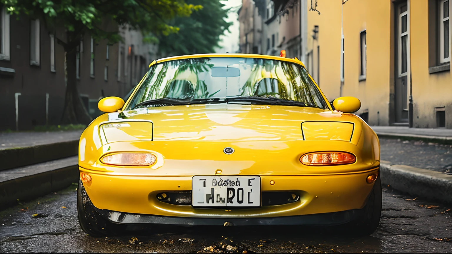 photo of matte Yellow MazdaMiata , wet cobblestone street light reflections, high quality photo, lens flare, bokeh, 8k resolution,