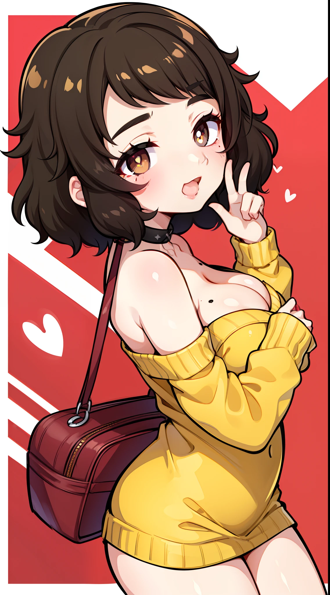 kawakami sadayo,A white border around a red rectangular background，yellow sweater，Back view，sitted，big assa，D cup，High detail,ahegao face,Moles under eyes, Heart-shaped pupils，Love pupils，cropped shoulders，Lots of hearts，Fleshy thighs,highly rendered，detailed face with