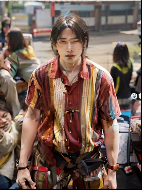 of a guy，Half-length hair，Microvolumes，Wearing a red and yellow striped shirt，Brown pants，A black belt is tied around the waist，Top-down view，Behind him squatted a group of people with their heads in their hands，frontage，full bodyesbian，8K-niji 5