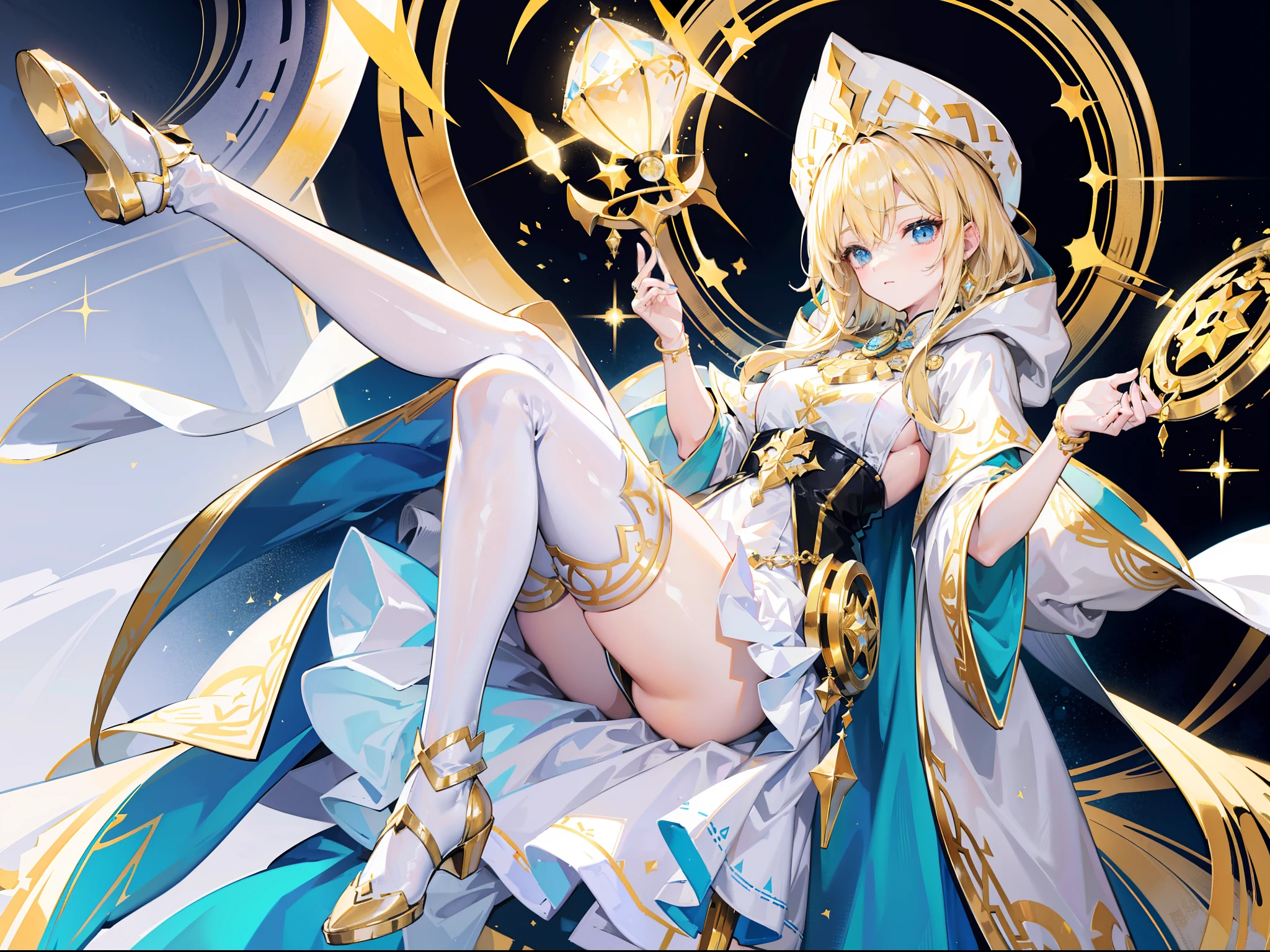Blonde Beautiful Girl，Wearing a white and gold cloak，Black and gold hooded tunic，putting on hat，Wear white stockings，Gold crystal shoes，Wear gold ankle rings on your ankles，Stand on the magic array，Eccentric