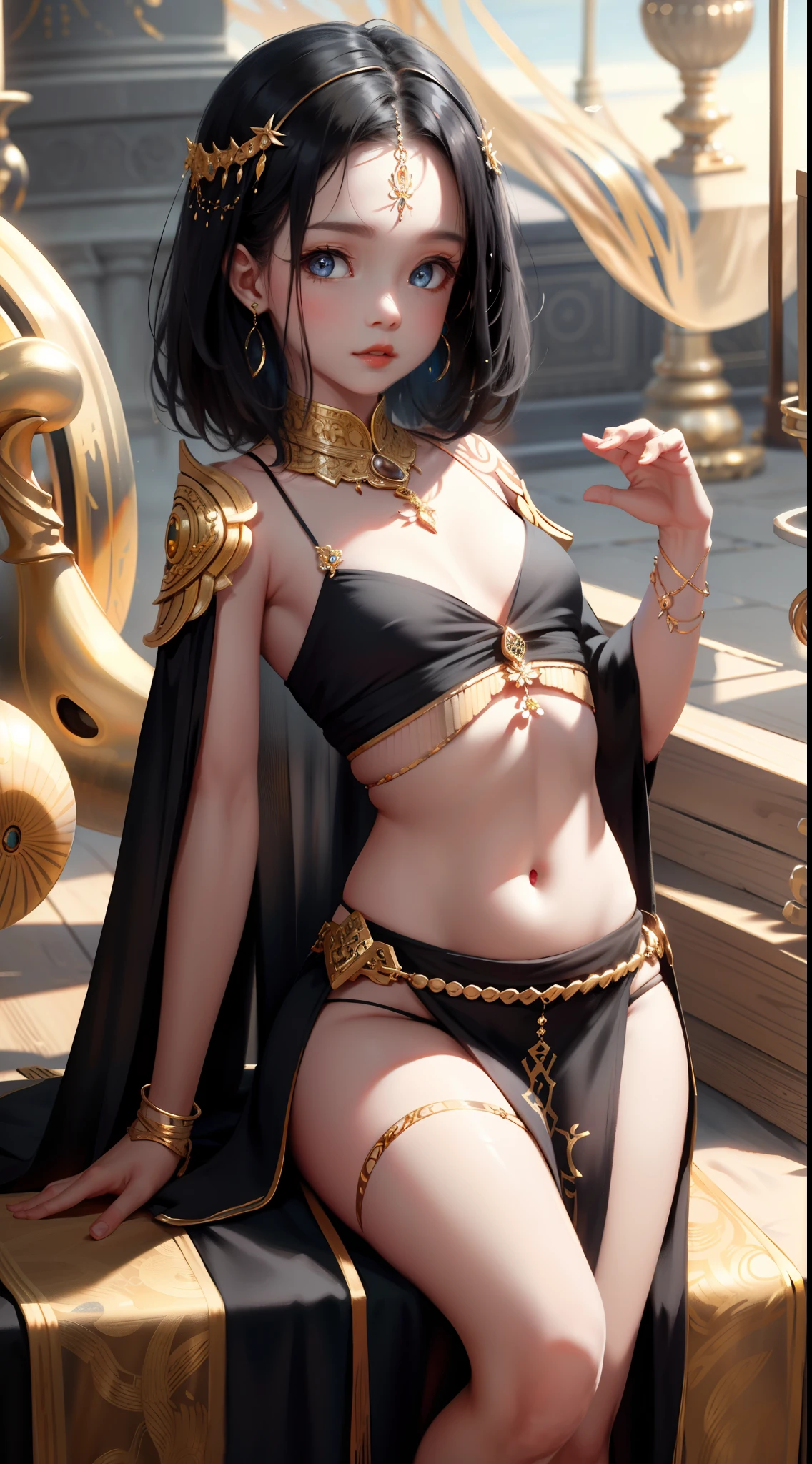 wlop, aeolian, ethereal glowing, jewelry, cute female child, orient, Black hair, eBlue eyes, Gold earrings,arching back, navel, Thighs