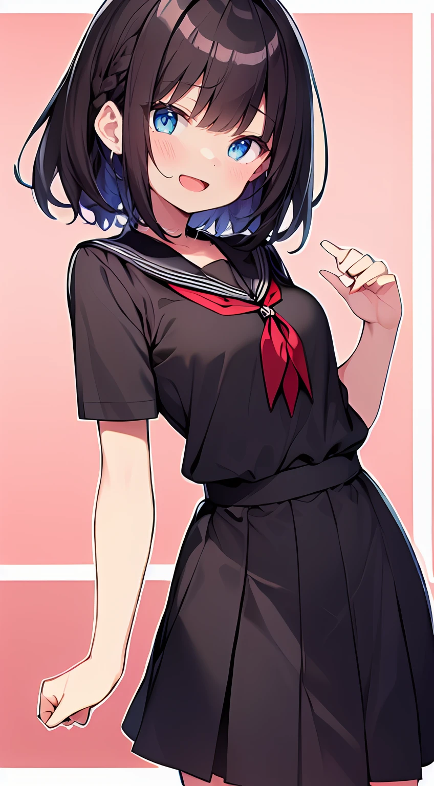 masutepiece, Best Quality,Illustration, Wallpaper, Ultra Detail, 1girl in,Solo,Beautiful detailed eyes,Very thick contour lines、Medium Short-Cut Hair、Short, Braided hair、skirt by the、(student clothes)、Dark hair color、Open mouth and big smile、Kamimei、Angle from which you can see the whole body、Overlooking angle:1.2、small head、ample breasts