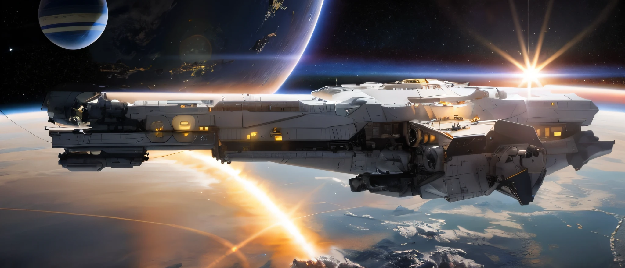 The space station is a large metal complex, branco e futurista, with multiple sections and antennas scattered. It floats in space, cercada pelo vazio negro, enquanto o brilhante sol aparece como um disco radiante ao fundo. Sunlight bathes the season with a soft glow, destacando sua forma e estrutura. It has a unique appearance, com detalhes que lembram um navio de guerra futurista. It has a solid and robust structure, com cascos afiados e proeminentes, semelhantes aos de um navio militar. These hulls are designed to protect the space station from possible collisions in space. Ademais, ela possui torres e armamentos estrategicamente posicionados, giving a sense of power and grandeur.