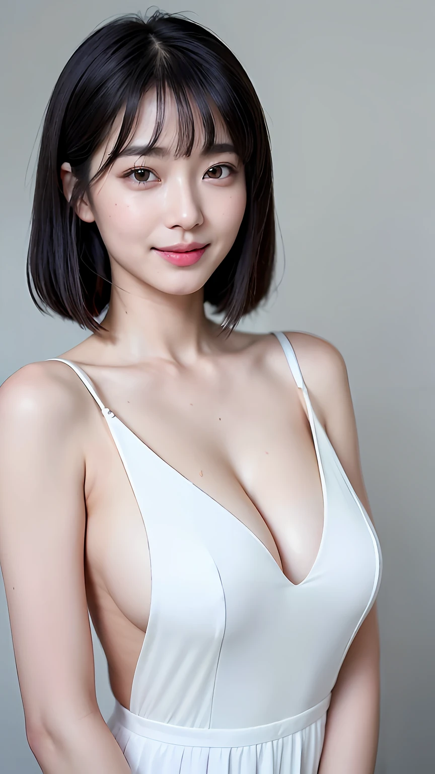 tmasterpiece、top-quality、超A high resolution、high detail portrait、(photographrealistic:1.4)、1girl in、White skin of the、Walking、from below、looki at viewer、19years old、spotless、Cute Baby Turtle、pretty black hair、Bob_cut、long whitr hair、Big breasts，((backless outfit)),(dripping wet body),(portrait of japanese famous actress)、(A smile、blissful、joy、jolly、Keep one's mouth shut)、(Hold your breasts between your arms，Pull the breasts closer)、Great detailed eyes、((Japan architecture))、((Long neck、By bangs、By bangs、Clean face、gaze staring at the camera、eyeslashes、largeeyes、Distinct double eyelids、glowy skin、clean skin quality、Gloss on lips)),(((Bigchest)))
