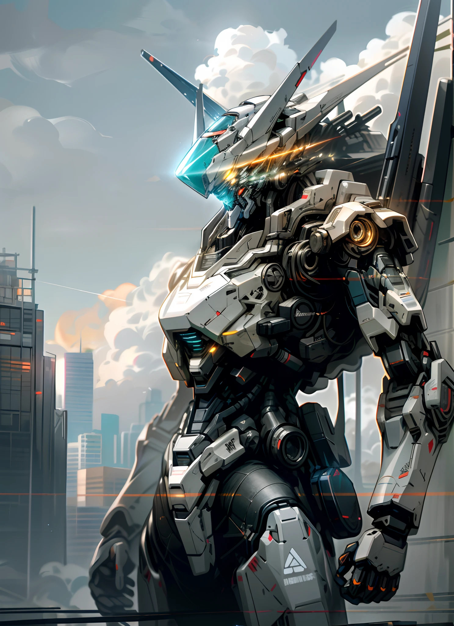 Skysky,clouds,Holding_arma,No_Humanity,with light glowing,,droid,buliding,Glowing_Eyes,Mecha,scientific fiction,skyscrapper,Realistis,Mecha,Glowing weapons,Adversarial posture,cyber punk perssonage