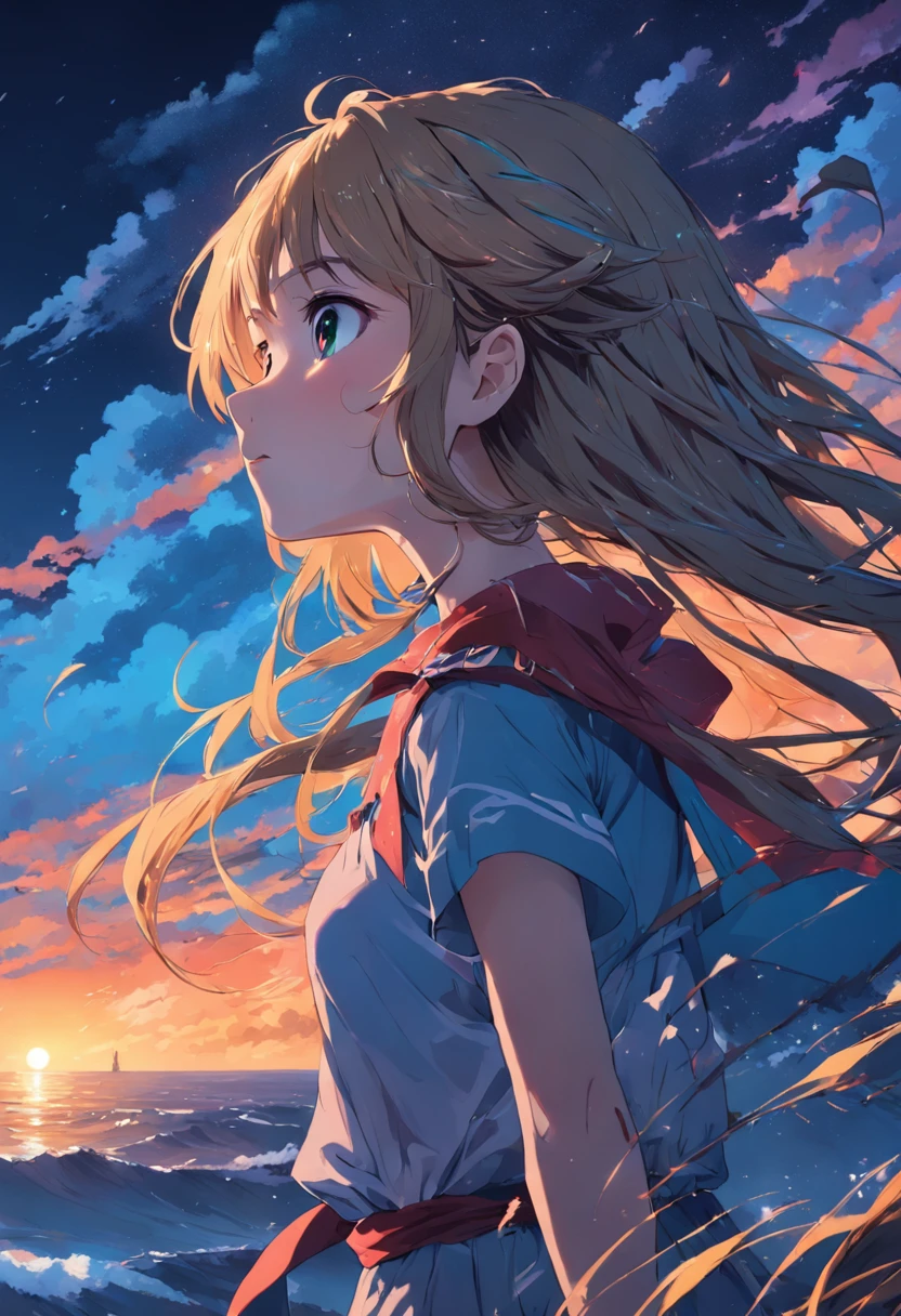 a fully detailed evening, a girl looking at the horizon, colorful, windy, intricate details, anime
