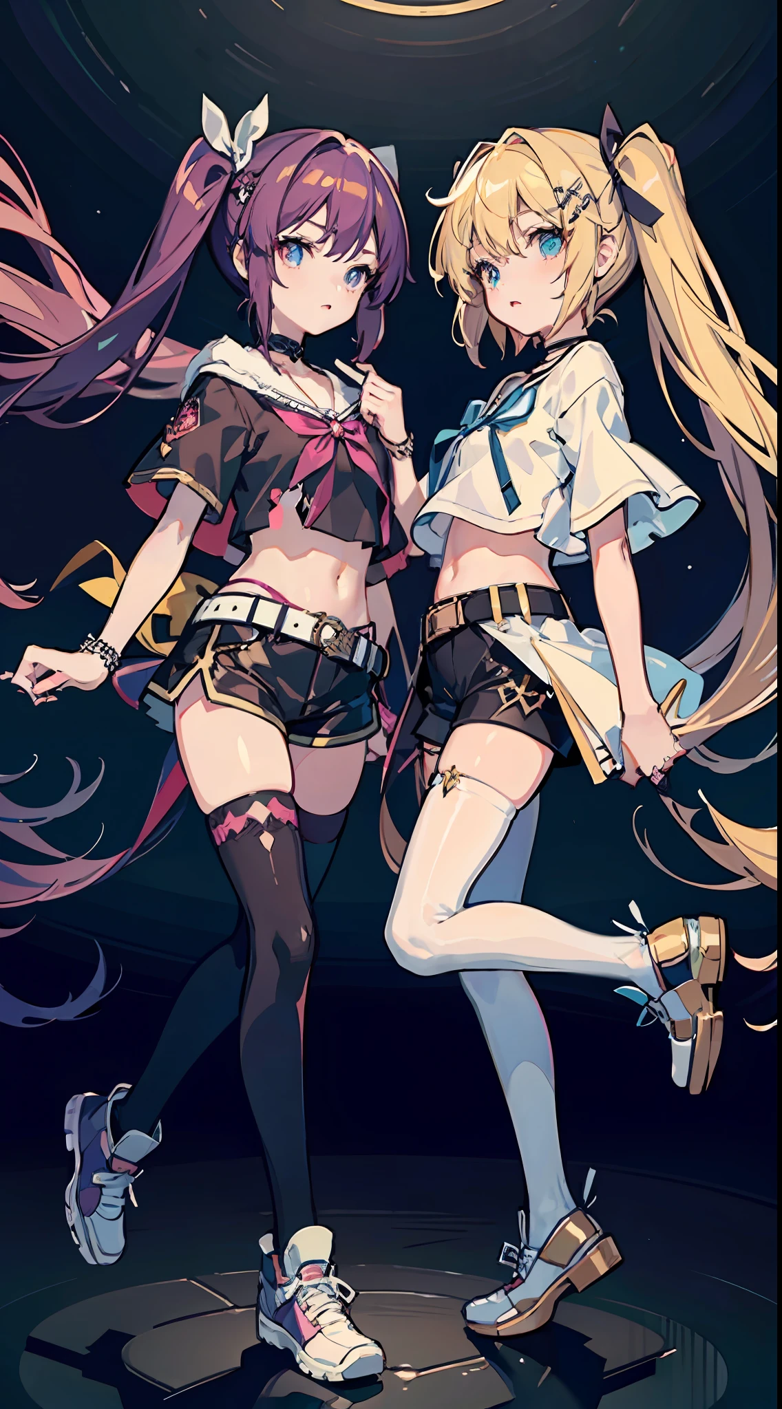 ,twins, Masterpiece,Best quality,offcial art,Extremely detailed Cg Unity 8K wallpaper, 2girls, cute female , Yuri, hair adornments, Short shorts, Crop top, Pantyhose, ribbon_choker necklace, leg belt,