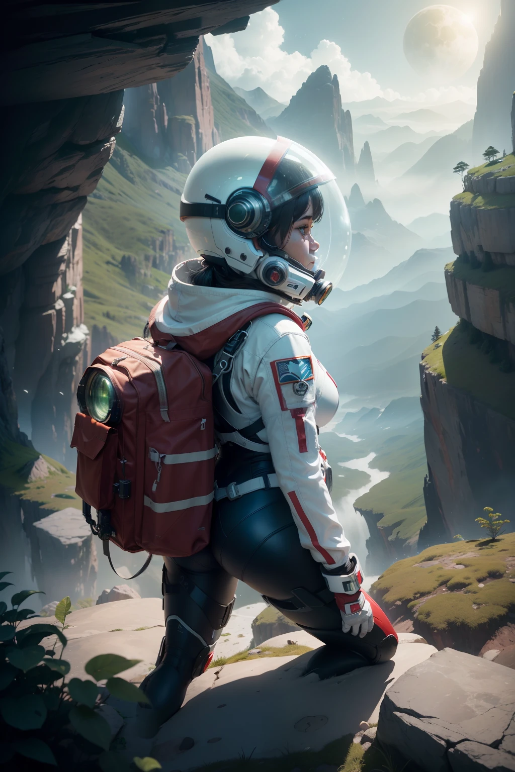 rear angle, Highly detailed RAW color Photo, Rear Angle, Full Body, of (female space soldier, wearing orange and white space suit, helmet, tined face shield, rebreather, accentuated booty), outdoors, (looking up at advanced alien structure, on alien planet), toned body, big butt, (sci-fi), (mountains:1.1), (lush green vegetation), (two moons in sky:0.8), (highly detailed, hyperdetailed, intricate), ((DAY TIME)), (lens flare:0.7), (bloom:0.7), particle effects, raytracing, cinematic lighting, shallow depth of field, photographed on a Sony a9 II, 50mm wide angle lens, sharp focus, cinematic film still from Gravity 2013, from behind