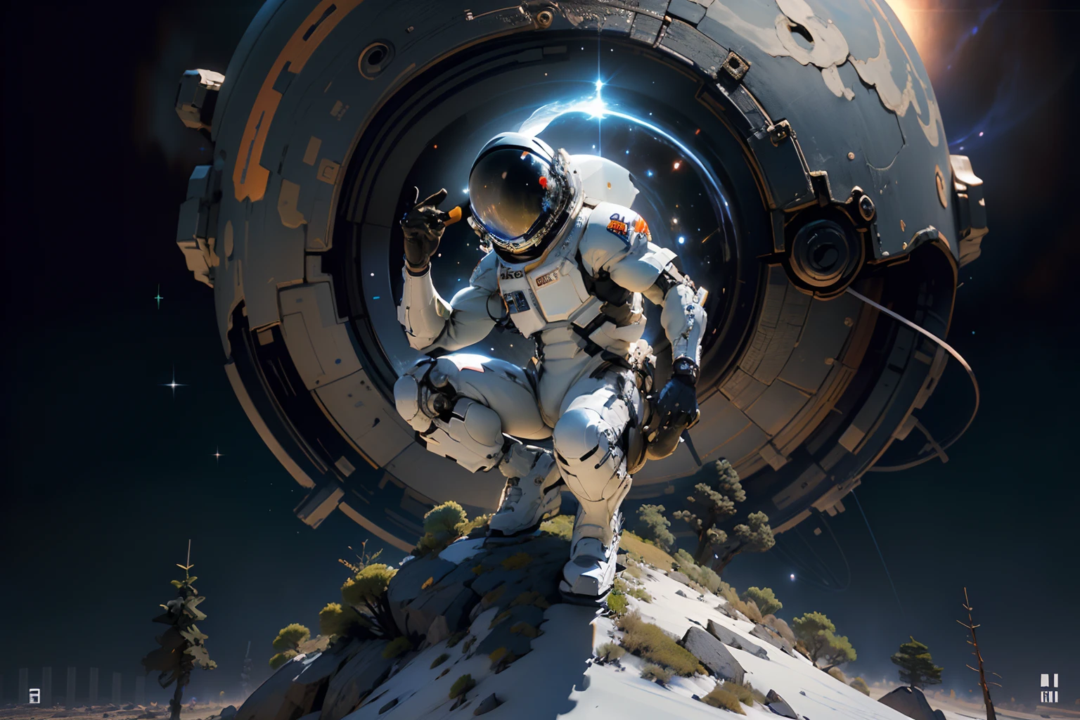 Video game cover of An astronaut with helmet on and a landscape with alien vegetation and a planet in outer space with stars, Dynamic pose, (Black and white art), (Anatomy of the corrected hand), full body, (Human anatomy corrected), (Perfect anatomy),