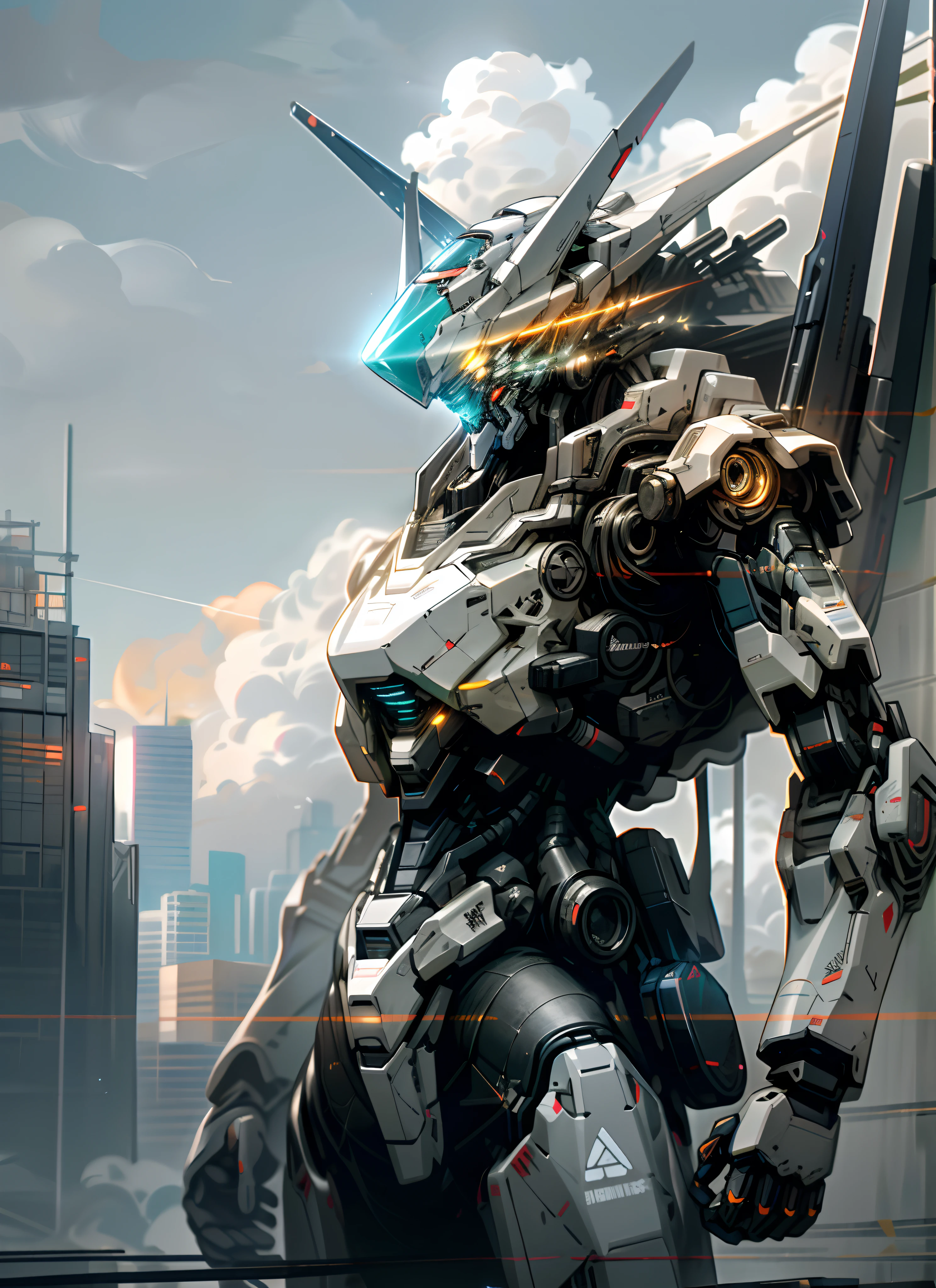 Skysky,clouds,Holding_arma,No_Humanity,with light glowing,,droid,buliding,Glowing_Eyes,Mecha,scientific fiction,skyscrapper,Realistis,Mecha,Glowing weapons,Adversarial posture,cyber punk perssonage