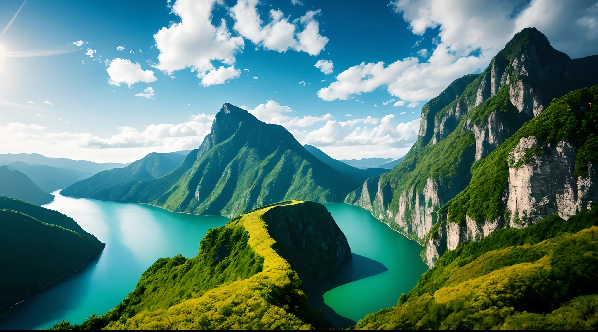 Masterpiece, ultimate quality, Cg unity 8k wallpaper, super delicate, beautiful sky and clouds, rich natural scenery, cliffs, lakes and rivers, waterfalls and flying water, beautiful green mountains, no trace of people, excellent scenery, has already won a photo contest, background Blurring, full depth of field, HDR high dynamics, true restoration, intricate, extreme details, dramatic presentation, perfectly presenting the style of midjourney art.