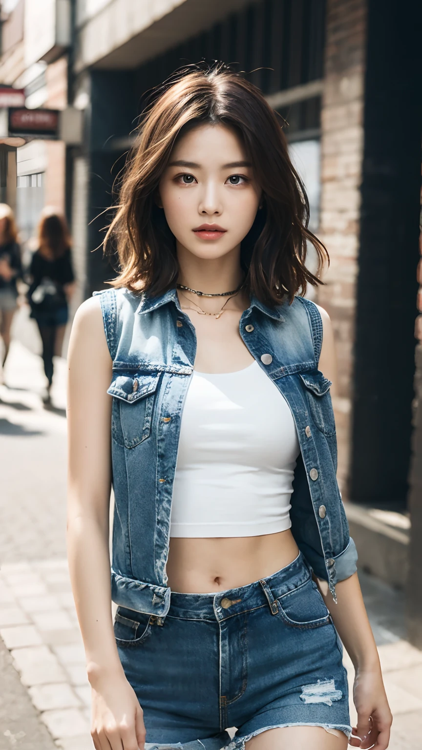 ((medium breast, tomboy girls, small head)), daylight, sunlight, (chiseled abs : 1.1), (perfect body : 1.1), (short wavy hair : 1.2) , auburn hair, collar, chain, full body shot, crowded street, wearing black tanktop, jeans jacket, ((shorts)), (extremely detailed CG 8k wallpaper), (an extremely delicate and beautiful), (masterpiece), (best quality:1.0), (ultra highres:1.0),  beautiful lighting ,perfect lightning, realistic shadows, [highres], detailed skin, ultra-detailed