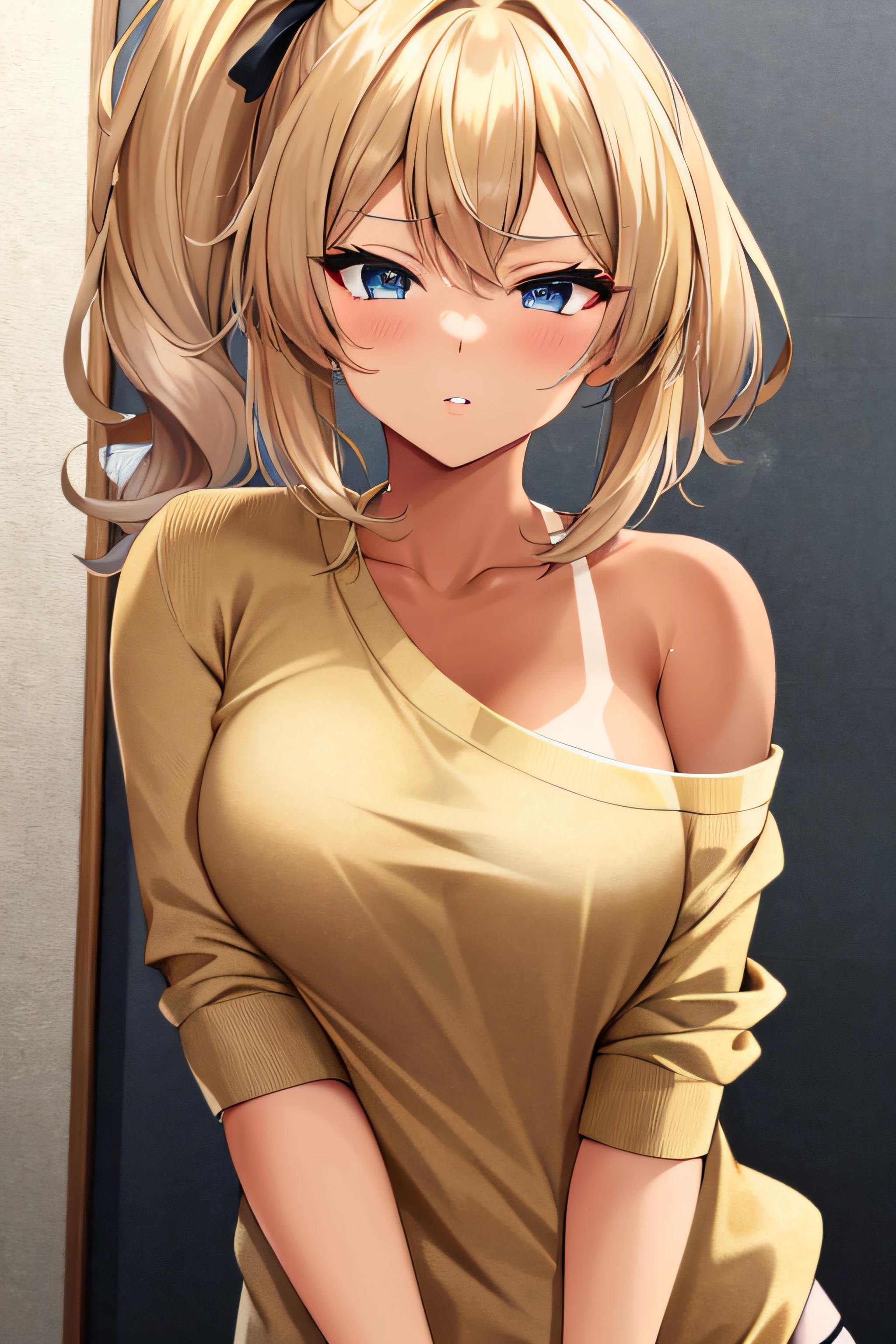 Masterpiece. Blonde gyaru with a slight tan wearing a beige, single bare shoulder sweater. She wears a black tank top under the sweater and has a side ponytail. She is cocky, confident and sassy.