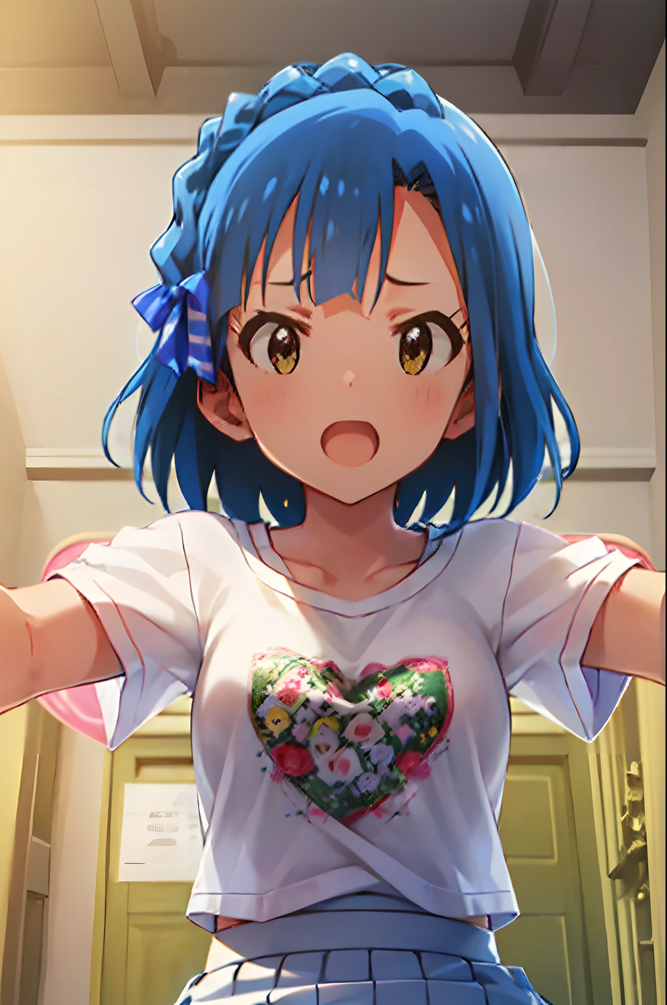 yuriko nanao (million live). Short stature. (((white t-shirts))).(((Skirt))).(((masterpiece))).(((best quality))).((Ultra-detailed))).(((illustratio))).(((a room))).(((up chest))).Despair face.(((short-hair))).((big breasts)).((Opening Mouth)).