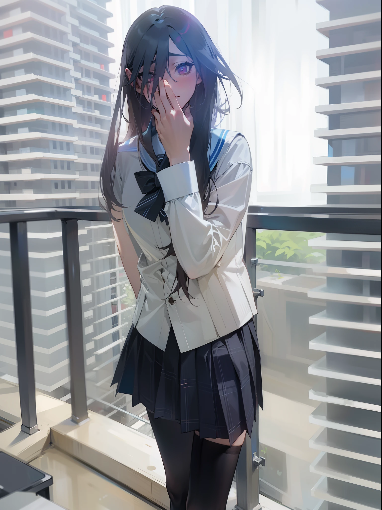 tmasterpiece，Best quality at best，Correct limbs，Girl covering her mouth，is shy:1.5，Be red in the face:1.5，JK school uniform，emaciated，a black pleated skirt，black lence stockings，thin very long legs，18yr old，high school senior，school ground