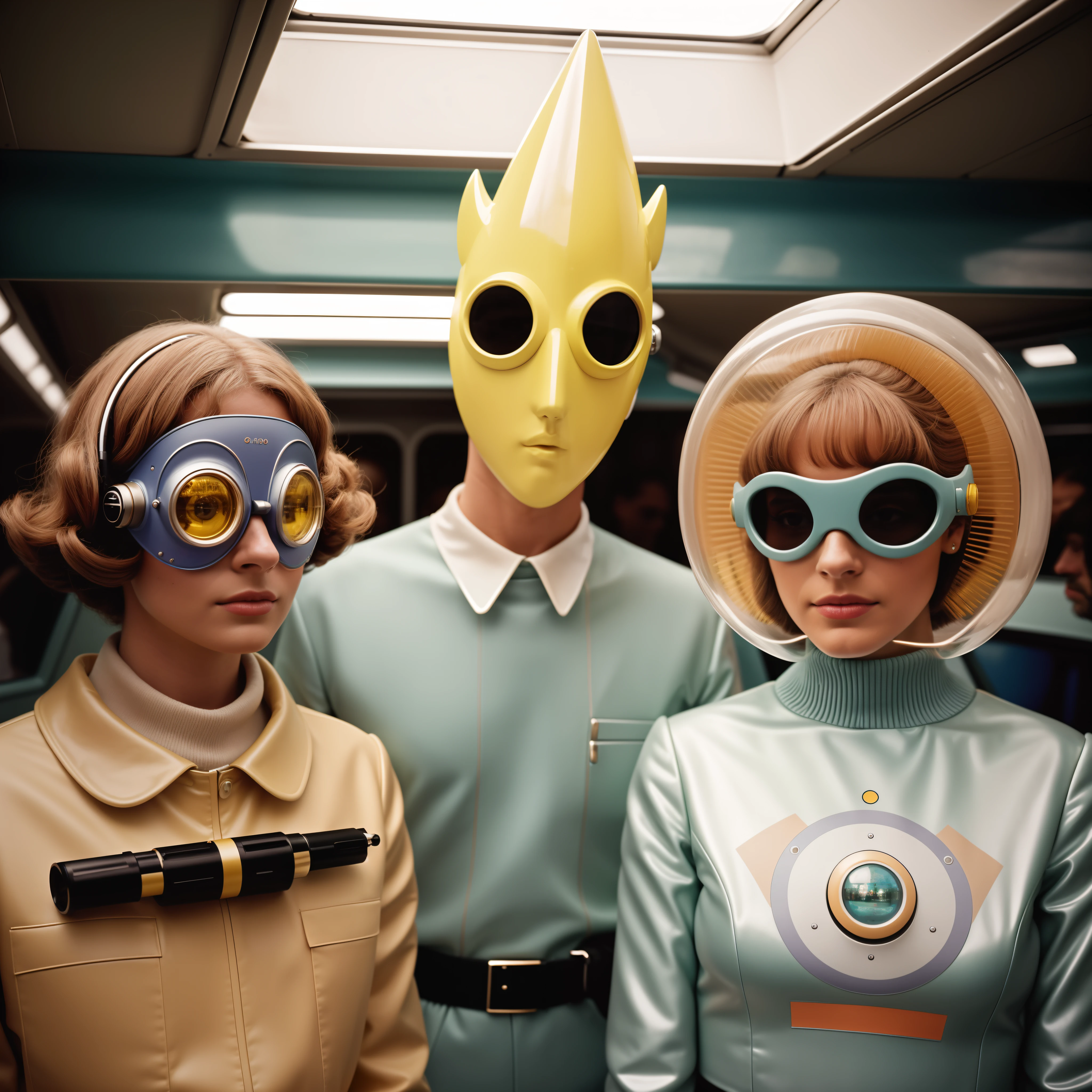 4K image of a 1960s Franck Gerard-style science fiction film, pastels colors, Young people wearing retrofuturistic glass masks and makeup and holding spheres, Retro-futuristic fashion clothes from the 60s with old robots, Luz Natural, Psicodelia, futurista estranho, retro-futurista, photo-realistic, Sharp background details.