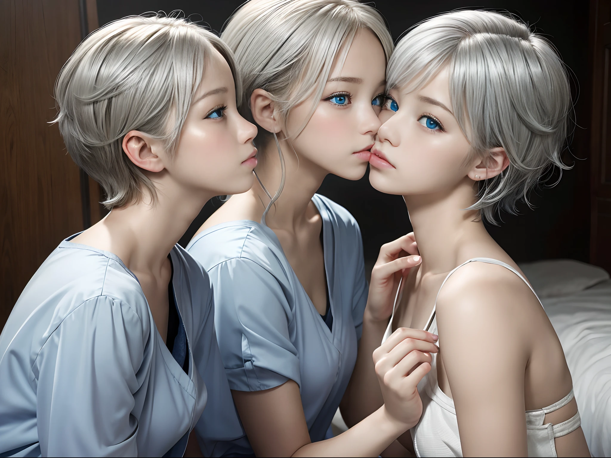 (Masterpiece, best picture quality, HD wallpaper), beautiful girls are sitting ,Infirmary、 silver short hair, blue eyes, teen,12yo,kissing