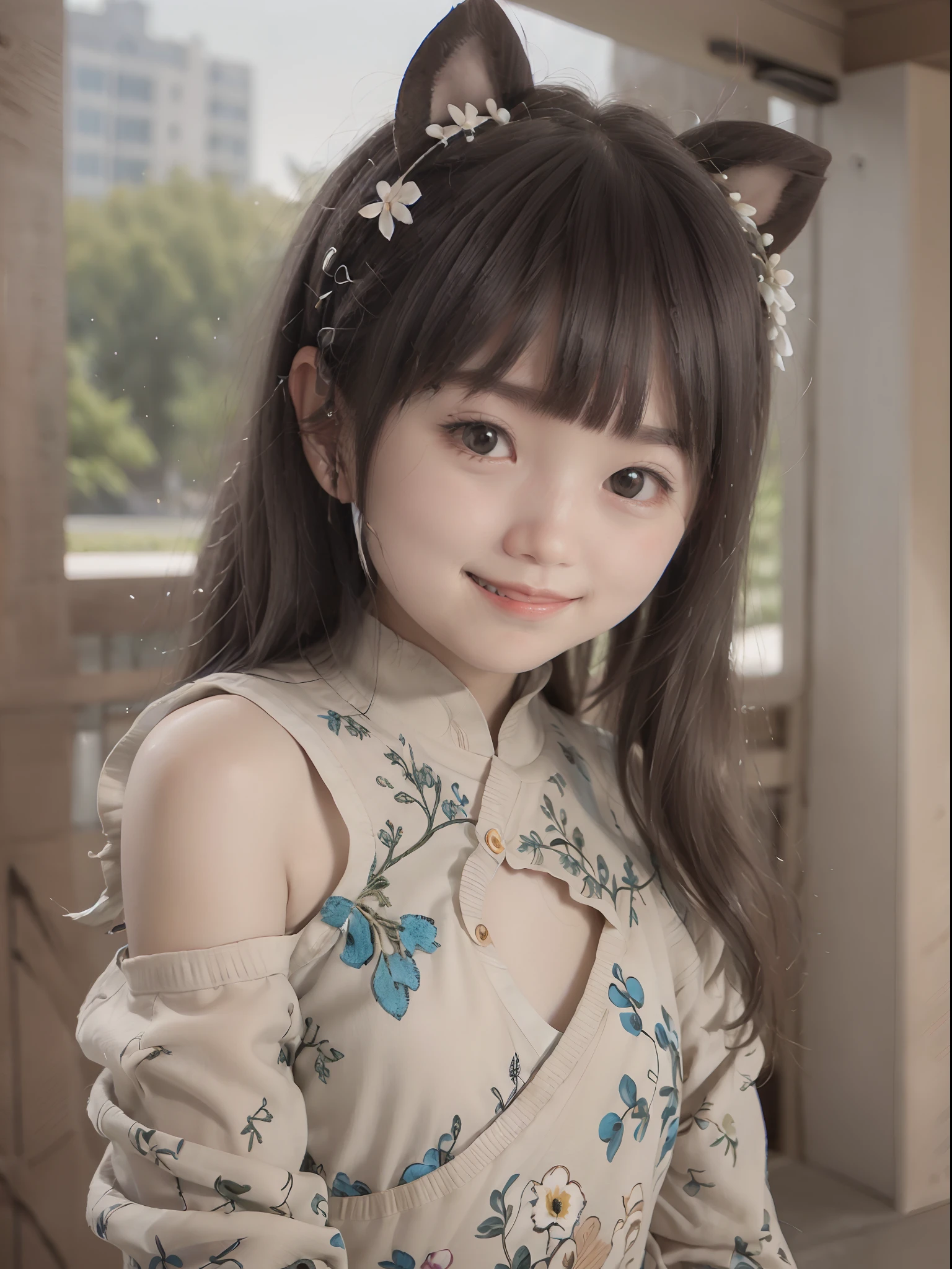 (High-definition CG unity 8K wallpapers)、(tmasterpiece)、(Top image quality)、(ultra-definition)、(Best Illustration)、(The best shadow)、(Realism:1.4)、(PureFace_V1:0.5)、Real human skin、lense flares、（natta）、back Lighting、no-makeup、Many flowers、Natural soft light、hardfocus、Deep focus、((non-blur))、(Gaze towards the viewer)、Shot from a low position、Knee Shooting、A half body、1 rapariga、18yr old、独奏、sunburnt skin、Petite and thin girl、hand behind back、thighs thin、(Very young Japan beautiful girl)、small nostrils、Healthy face、Soft lips、pale cherry colored lips、(Quite thin eyebrows: 1.4)、shiny large black eyes、Chest flat、(flatchest: 1.4)、(medium or semi-long black hair,:1.1)、(Beautiful girl with cute li face:1.6)、largeeyes、(The corners of the mouth are raised:1.4)、Relaxed、sideface、Hanfu 、Chinese-style clothing、Clothes made of cotton、Clothes without luster、plump round face、Sky with beautiful details、(smile shy:1.8)、Reddening cheeks、Eyes for hollow details、Floating hair、large eyes that are symmetrical、Small protrude、hair pin、nomake-up、No shoulder-to-arm clothing、horse tailed、dual horsetail