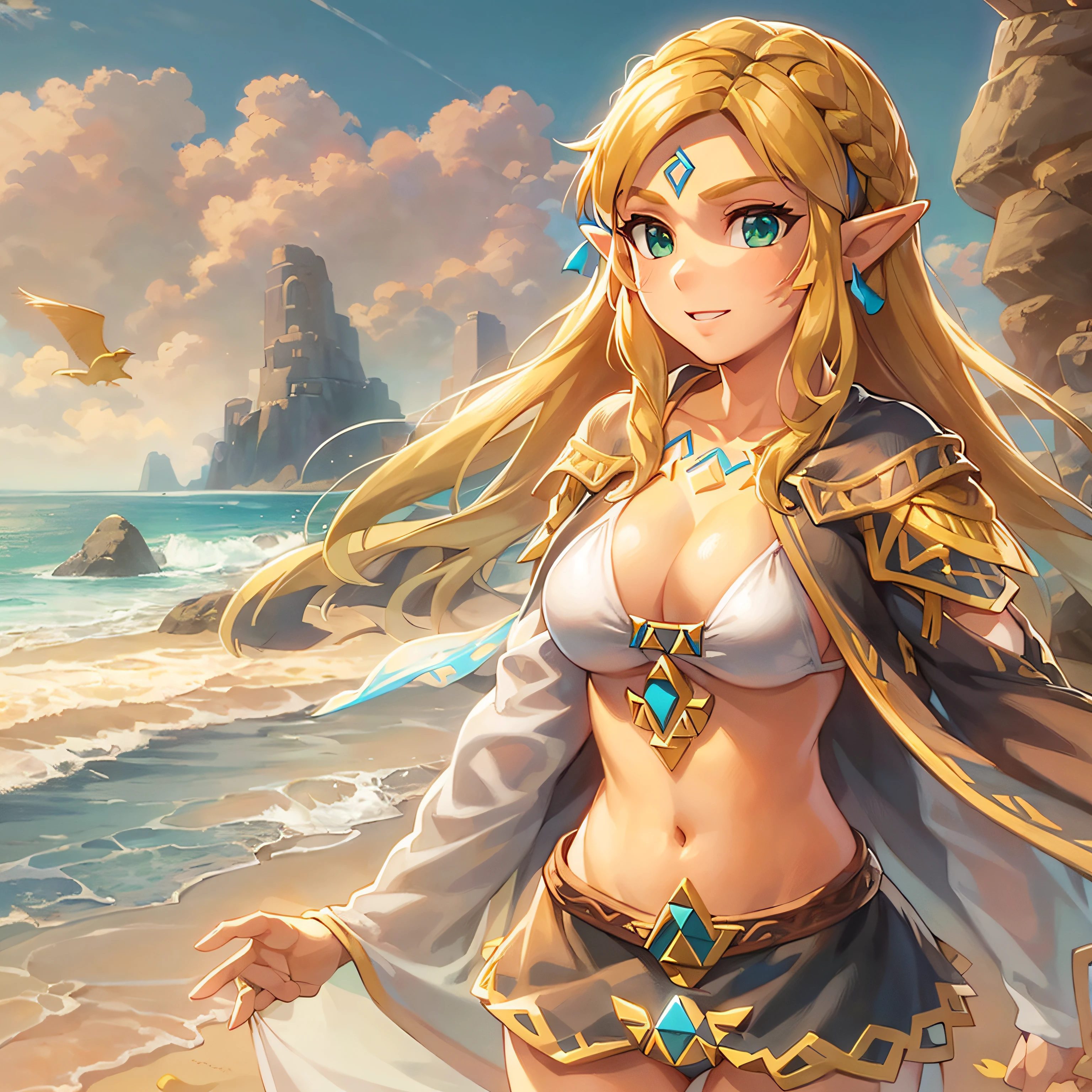 ((masterpiece)),(illustration),(((best quality)),iridescent, high resolution illustration,Amazing,highres,intricate detail, extremely detailed CG unity 8k wallpaper ((zelda)), large breasts, full body, (delicate cute face), blond long hair, lovestruck,(green eyes), smile, joyful, facing viewer, , narrow waist, young girl, 15 year oluctive, micro bikini, cleavage, tight body, beach